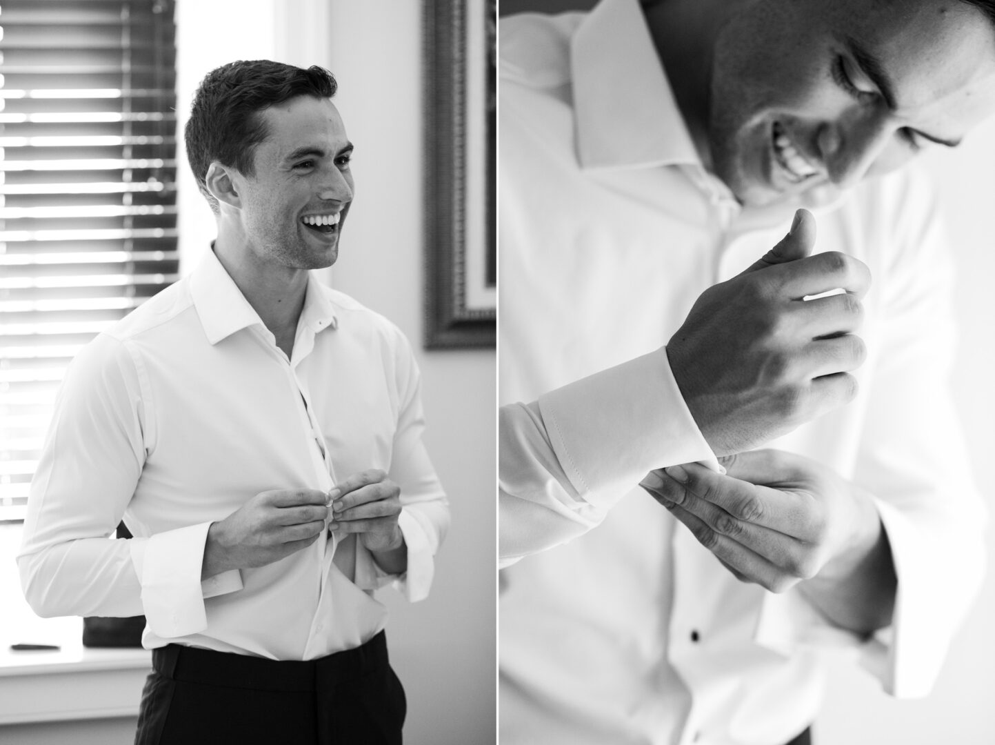 A man in a white shirt smiles as he buttons up, ready for the Normandy Farm wedding. In the brightly lit room, a close-up captures him adjusting his cuffs with care.