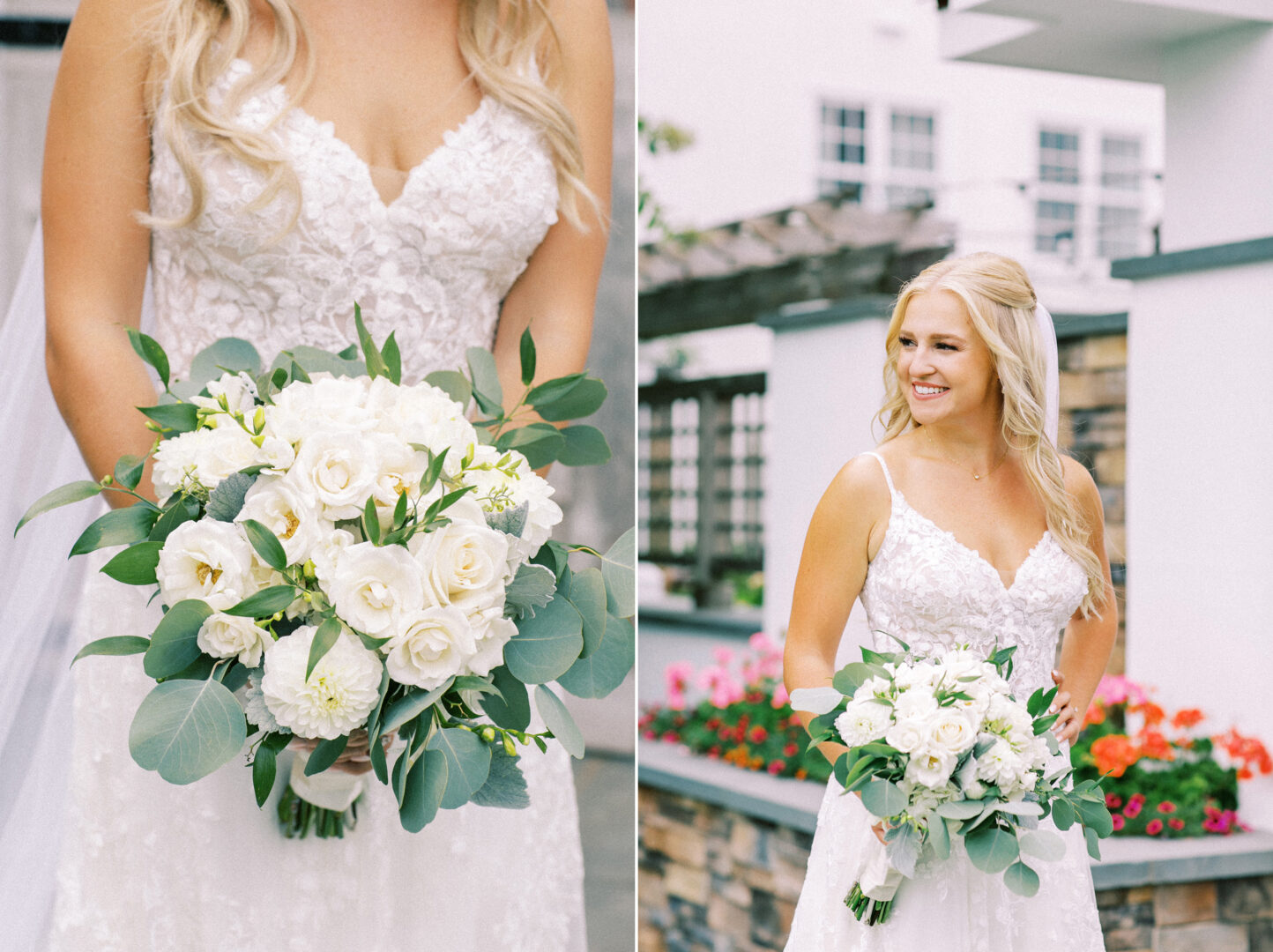 The bride, in a white lace gown, clutches a bouquet of white flowers and greenery while standing outside at Normandy Farm. The setting's charming blend of floral and stone accents complements the day's elegance perfectly.