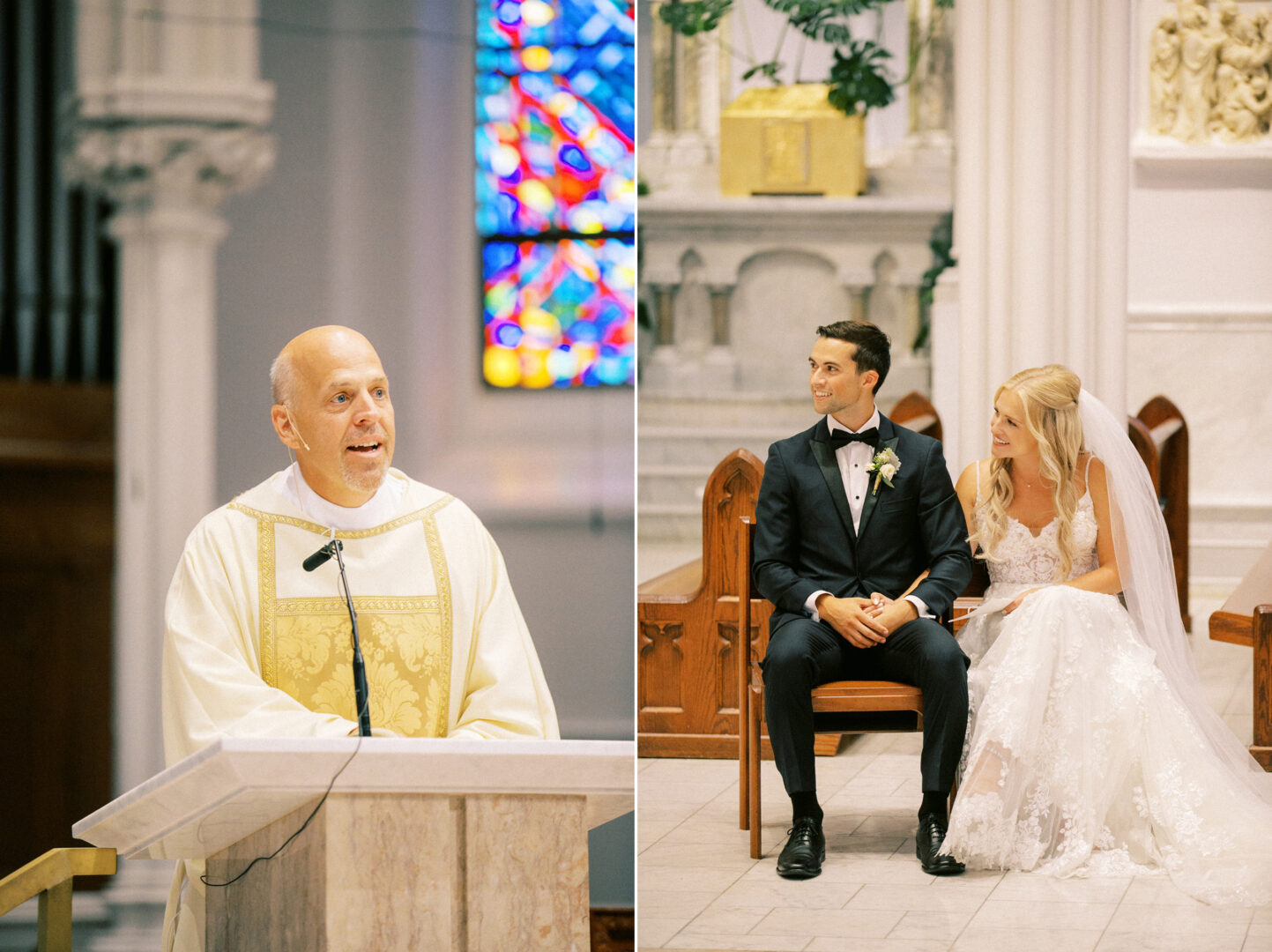 A priest speaks at a church altar while a bride and groom, embracing the charm of a Normandy Farm Wedding, sit together, listening intently during the ceremony.