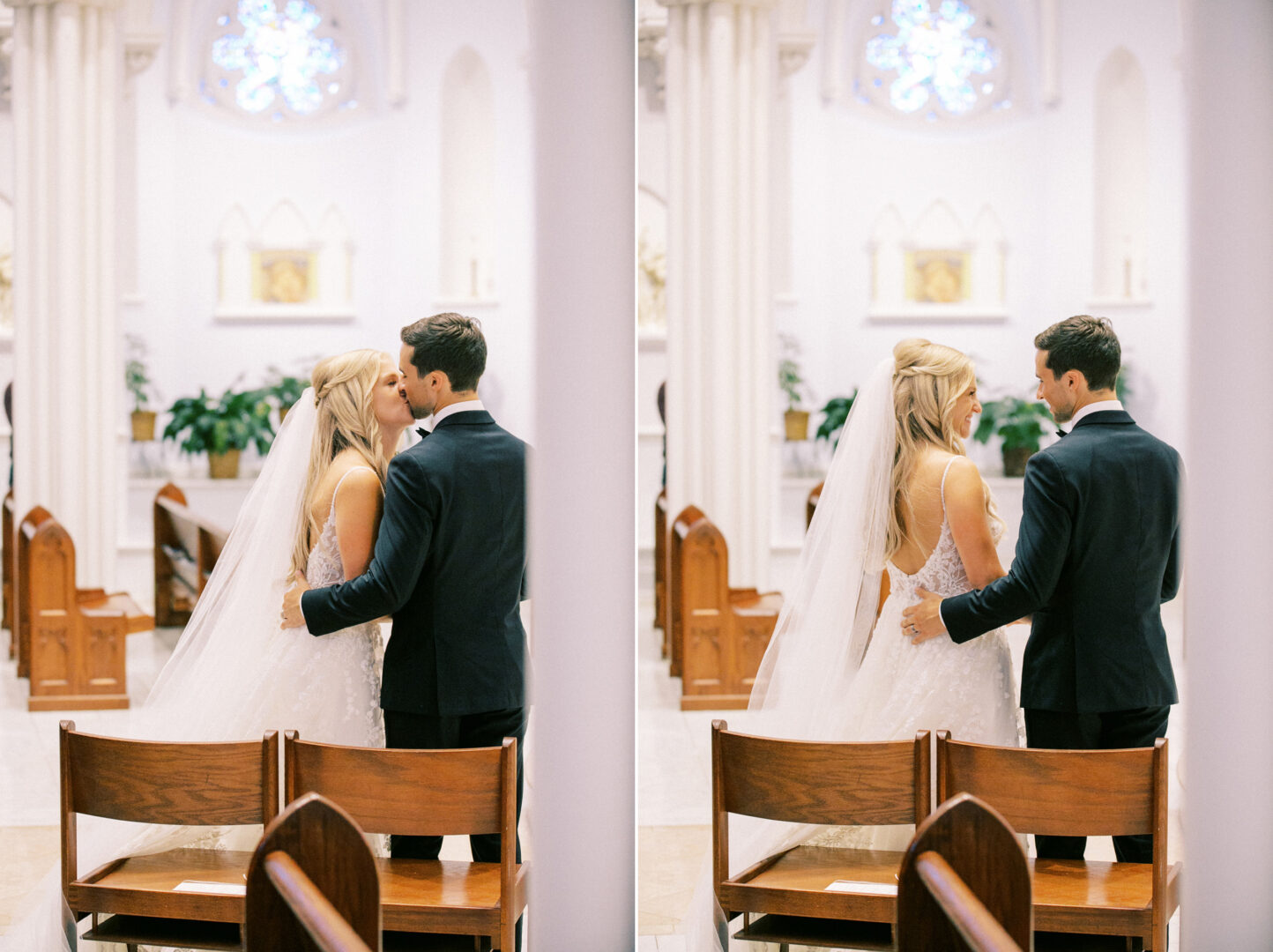 A bride and groom kiss and embrace in a church, with ornate white columns and stained glass windows in the background, evoking the timeless charm of a Normandy Farm Wedding.