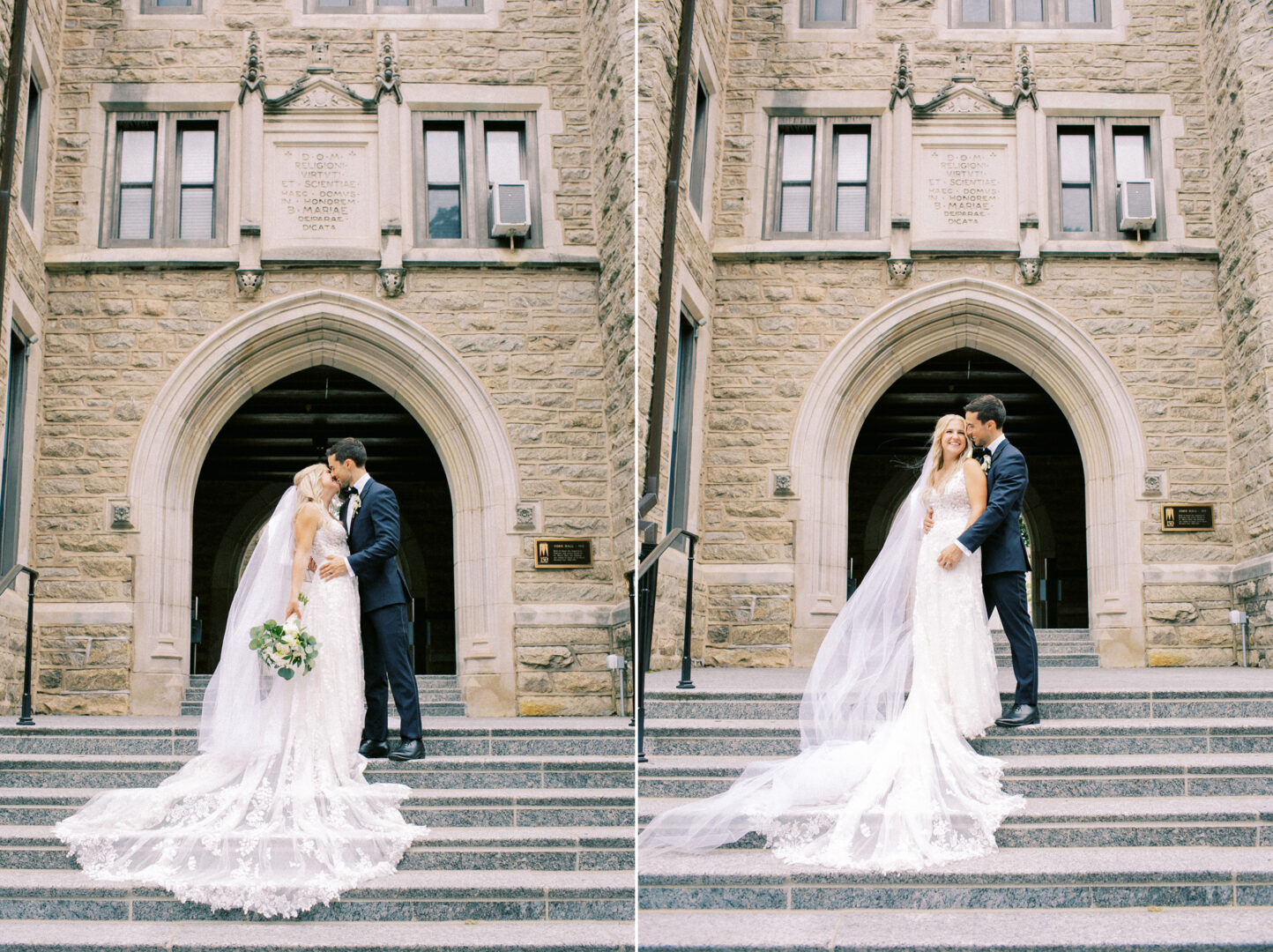 The bride and groom pose on stone steps at their Normandy Farm wedding, framed by an elegant arched entrance. The bride, with her long veil and bouquet in hand, stands beside the groom clad in a sharp suit.