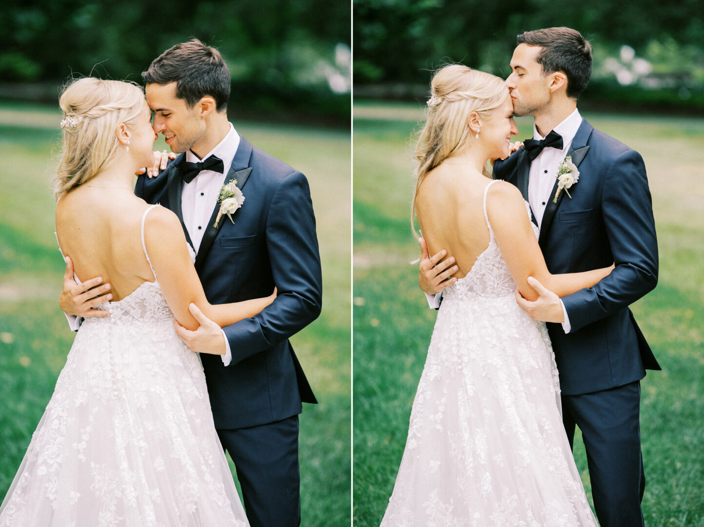 A couple stands closely, the man in a suit kissing the woman's forehead as she wears a white gown. They share this tender moment outdoors on a grassy area during their enchanting Normandy Farm Wedding.