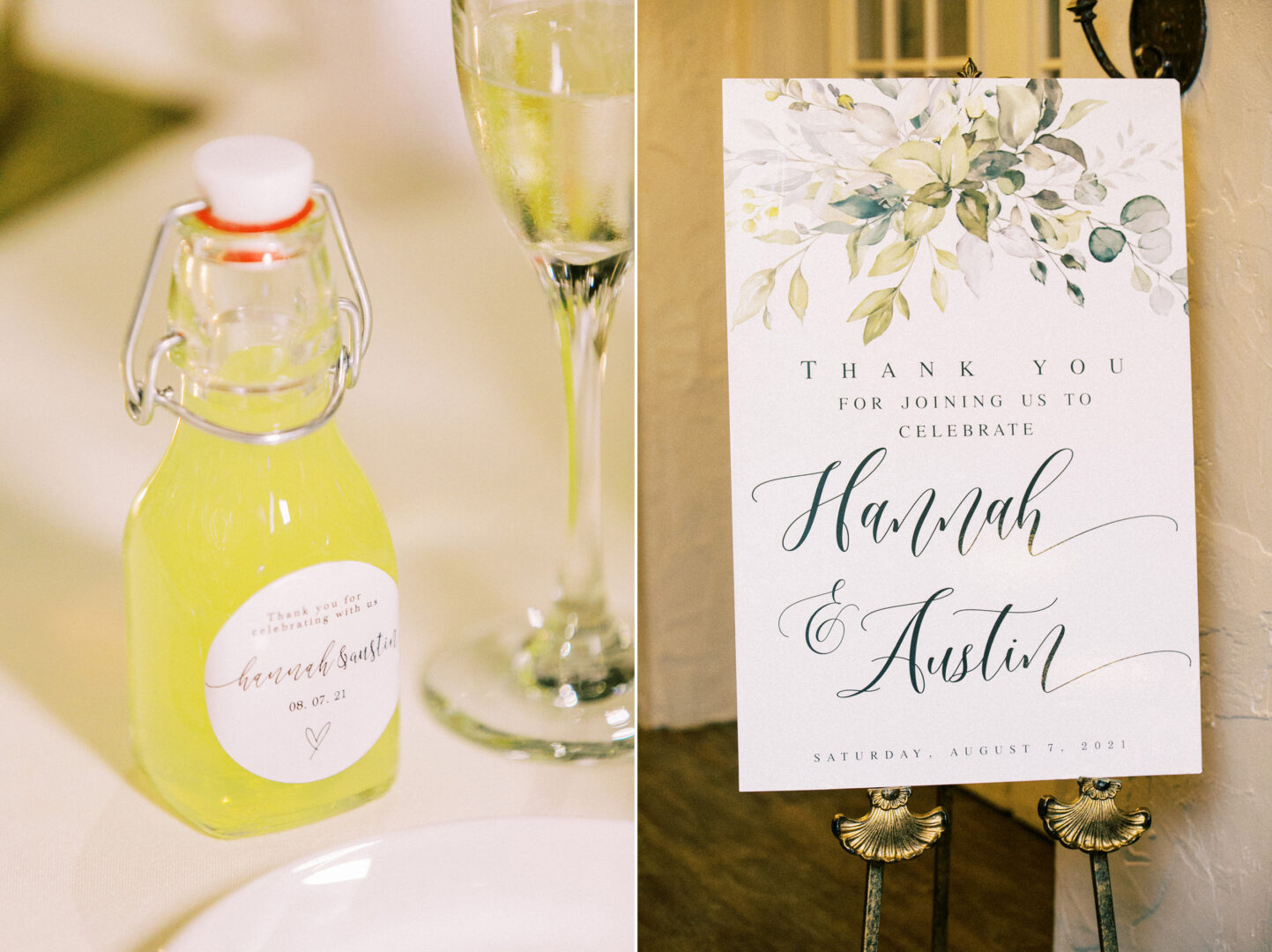 A small bottle of yellow liquid and a glass sit beside a sign that reads, "Thank you for joining us to celebrate Hannah & Austin's Normandy Farm Wedding, Saturday, August 7, 2021.