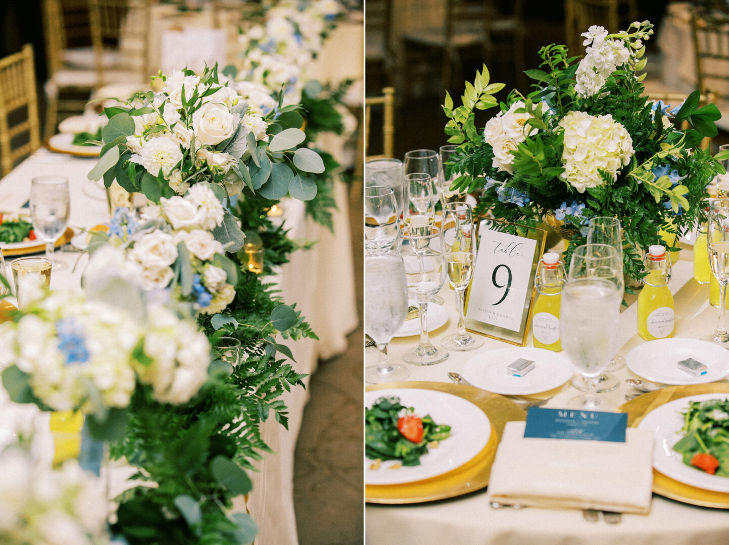 Elegant Normandy Farm Wedding table setting with green and white floral arrangements, a table number card, plates, glasses, and yellow-labeled bottles on a pristine white tablecloth.