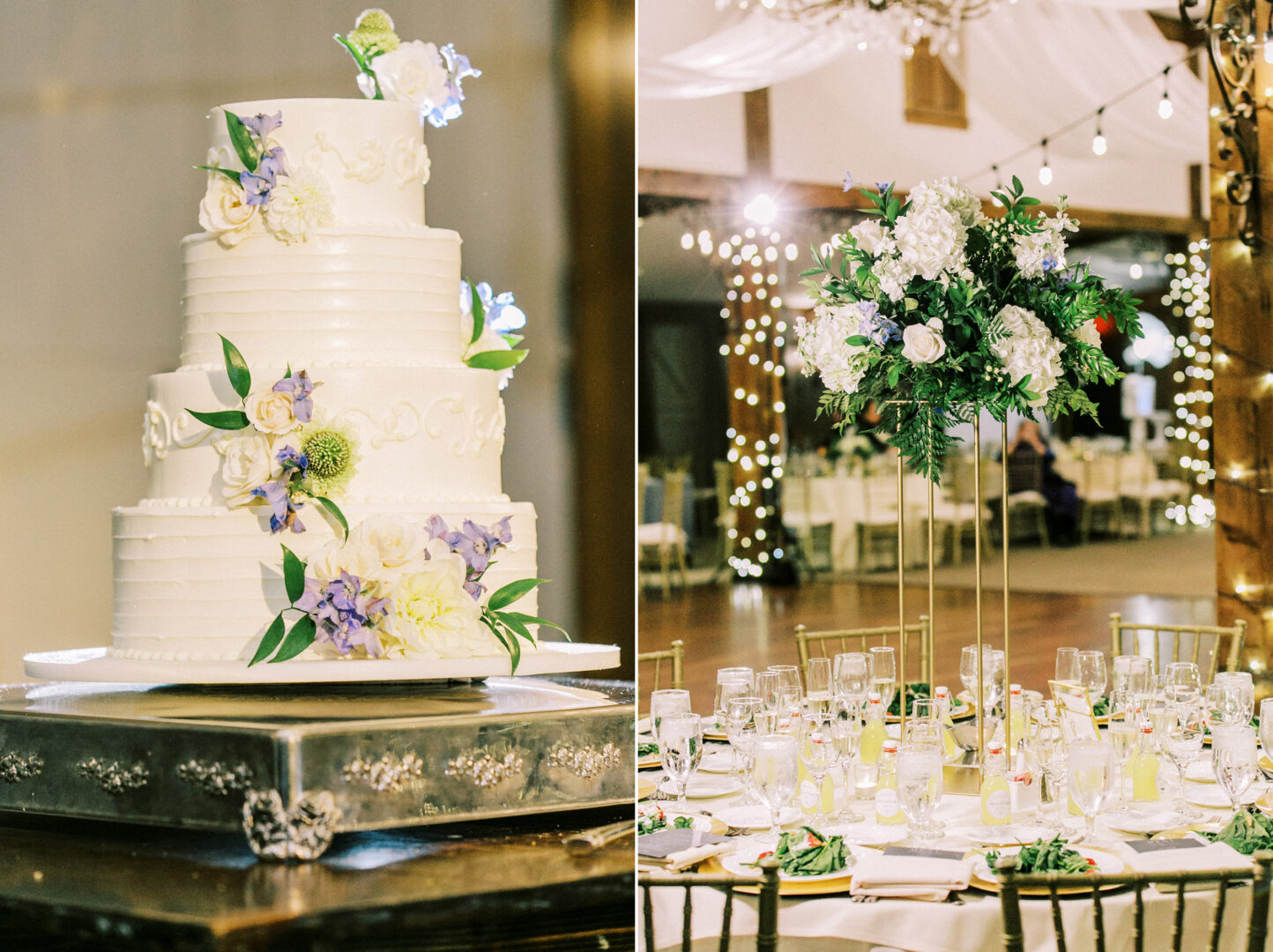 A three-tiered white wedding cake adorned with floral decorations graces the left, while on the right, a decorated reception table at Normandy Farm Wedding showcases a tall floral centerpiece.