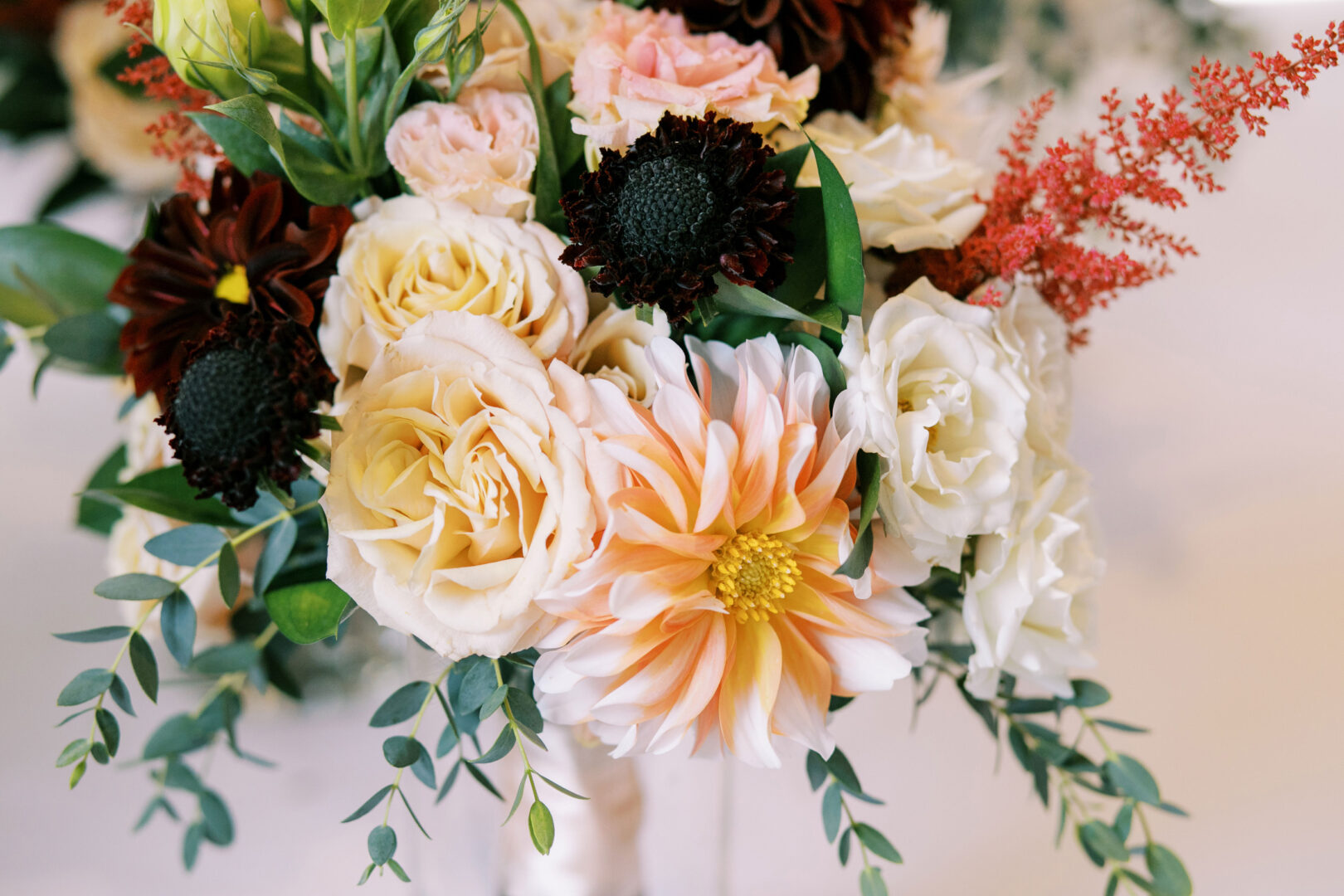 A bouquet featuring cream roses, pink dahlias, dark burgundy flowers, and greenery displayed against a light background.