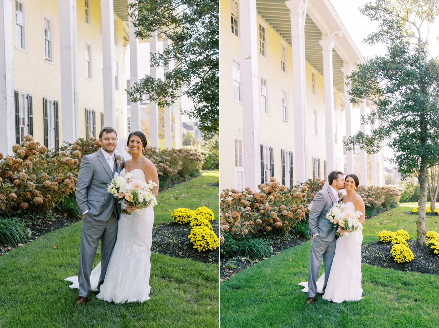 A couple in wedding attire stands and poses in a garden beside a light-yellow building. The bride holds a bouquet, and they share a kiss in one image.