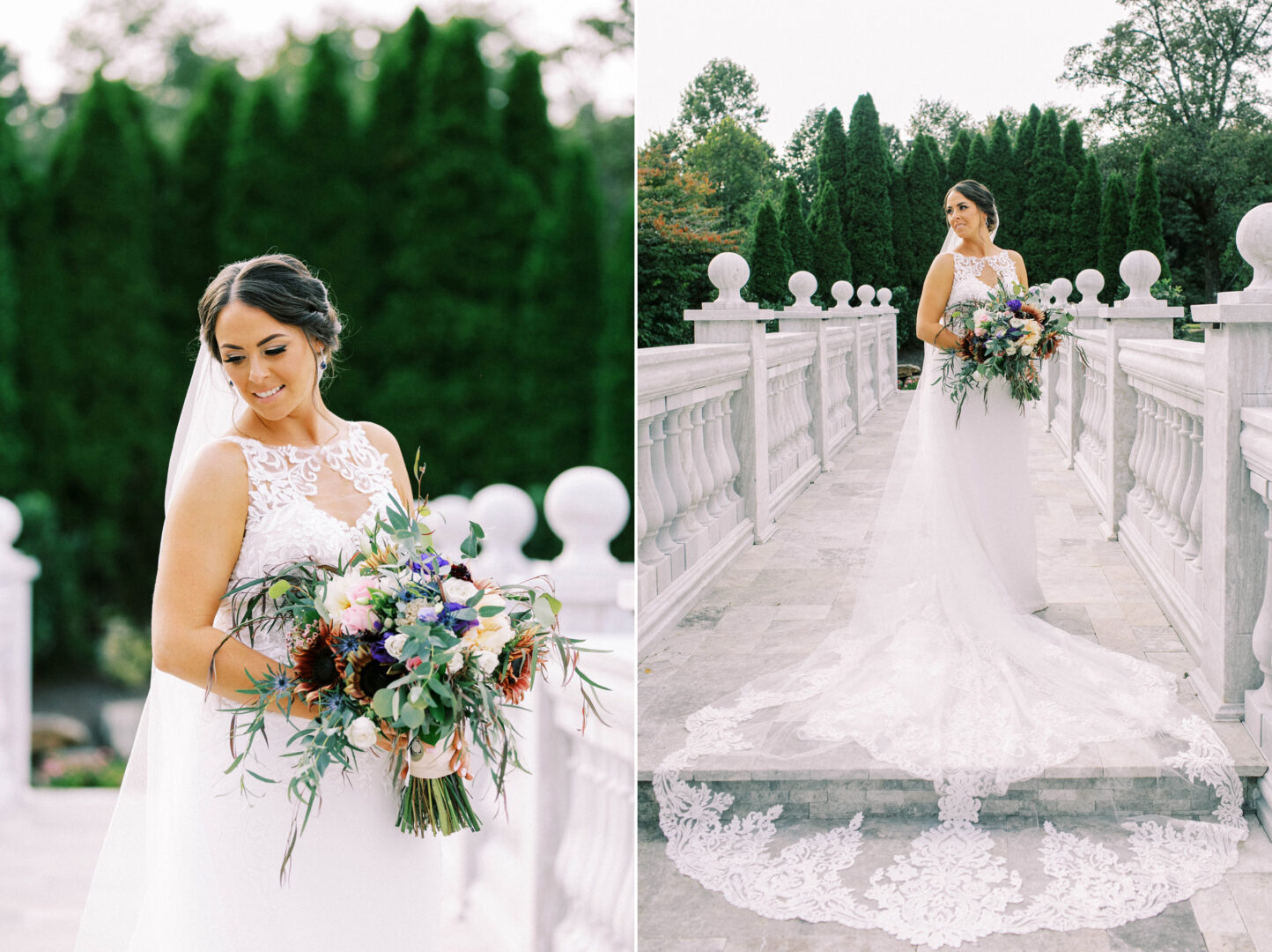 Bride in a white lace wedding dress holding a colorful bouquet, capturing enchanting wedding photos on a stone bridge with greenery in the background, just steps from the elegant Mansion on Main Street.