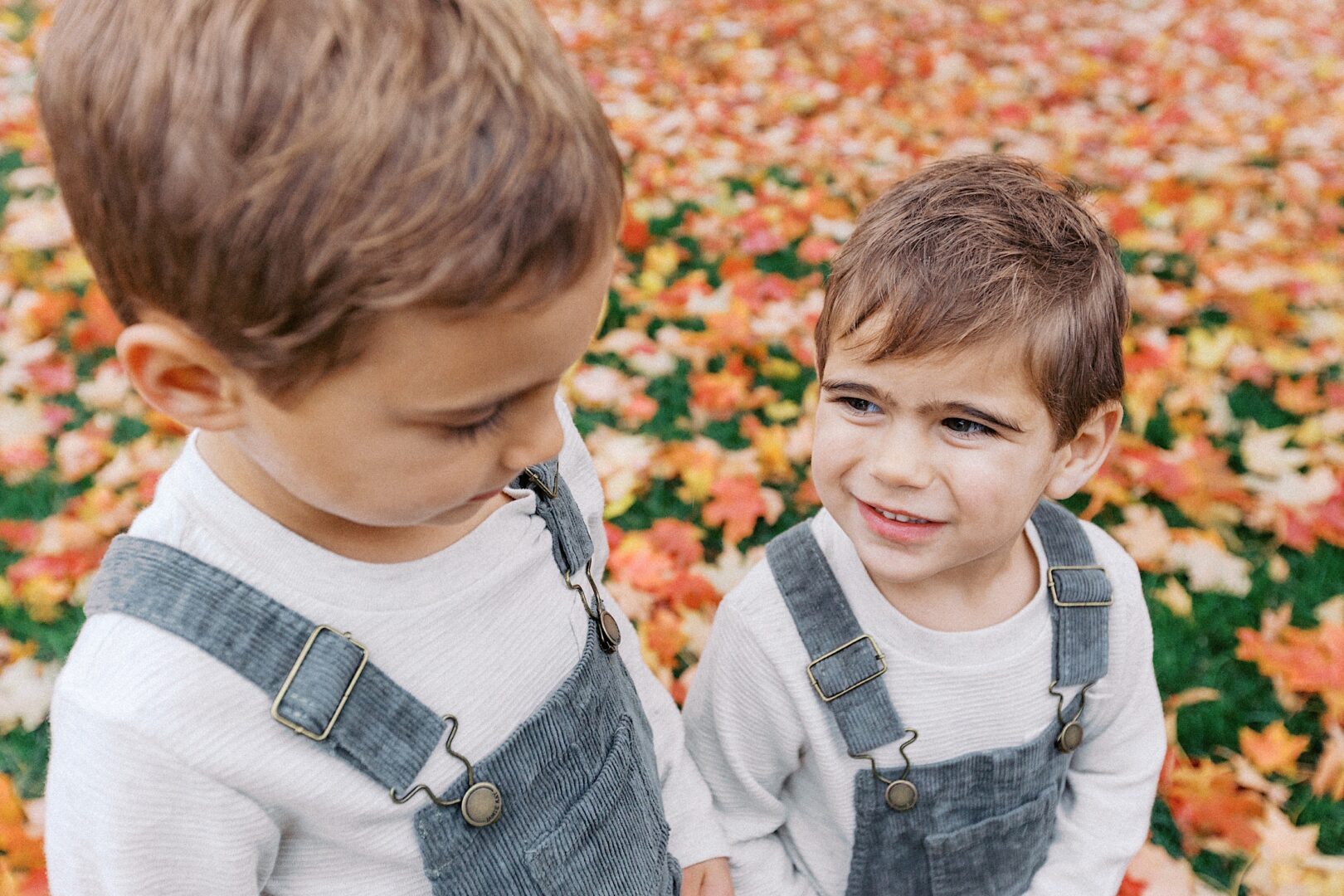 Amidst scattered autumn leaves in Montgomery County, two young boys stand on a grass-covered area wearing gray overalls and light shirts. In this serene fall family photo, one looks down while the other glances up, both with neutral expressions.