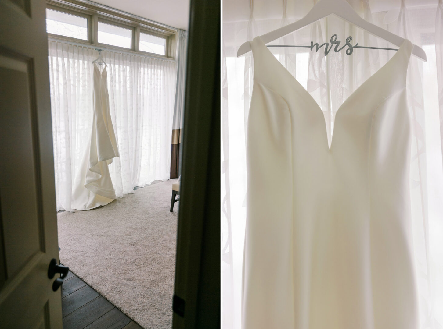 Wedding dress hung in the window at The Carriage House in New Hope, PA