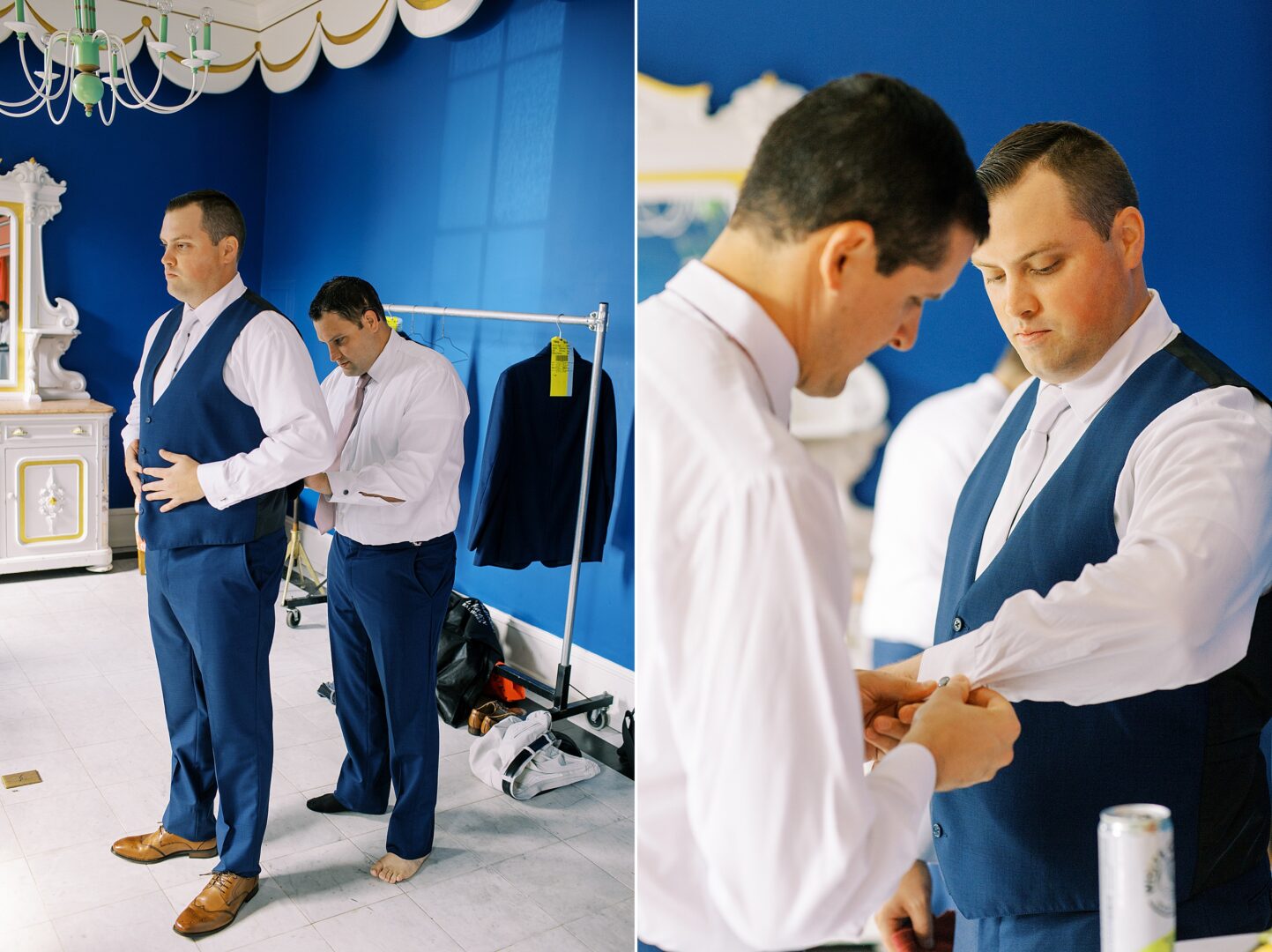 groomsmen getting dressed before a wedding at Congress Hall.