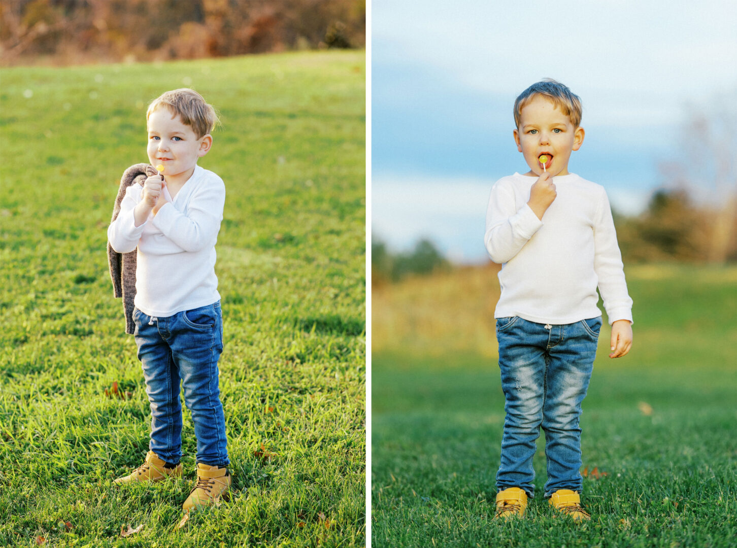 Child eating a lollipop during a fall family photo shoot in Fort Washington