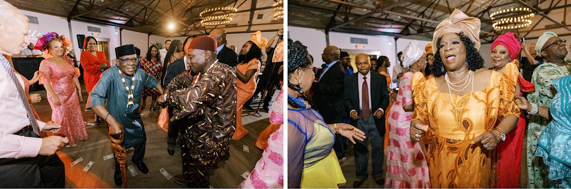 People in traditional African garb at a New Jersey wedding reception.