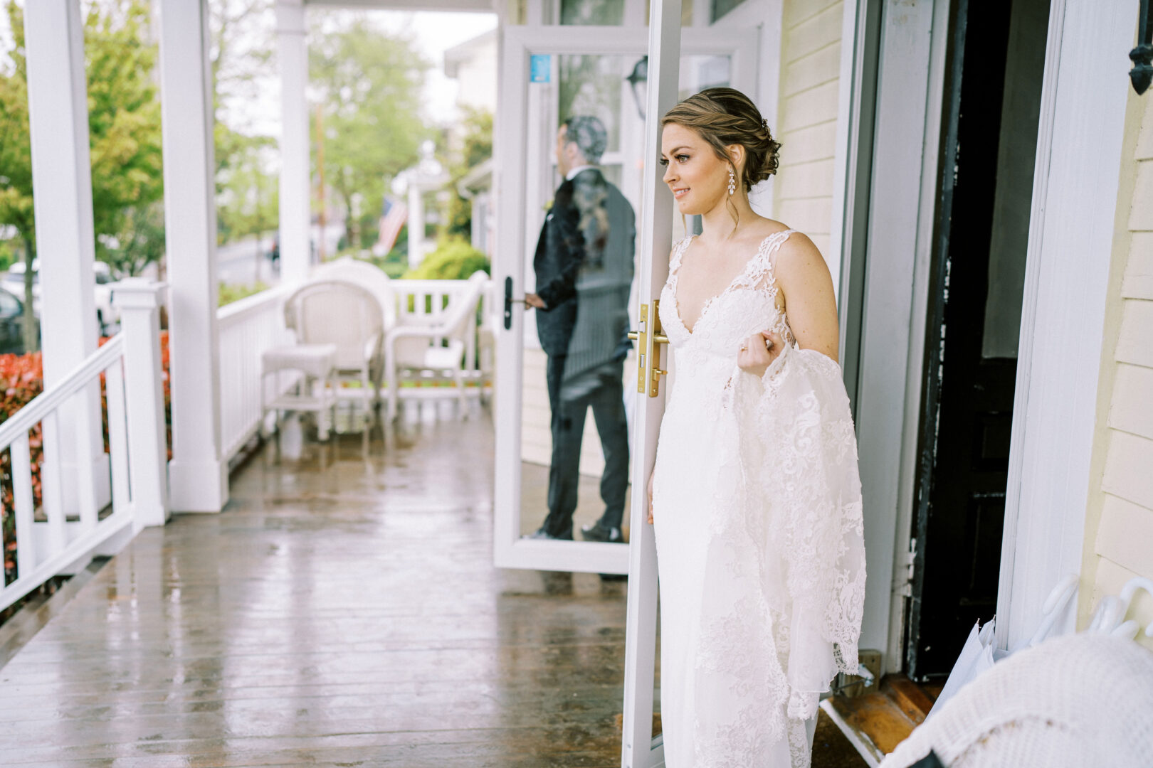 A bride heading to the first look on her vineyard wedding day in Cape May.