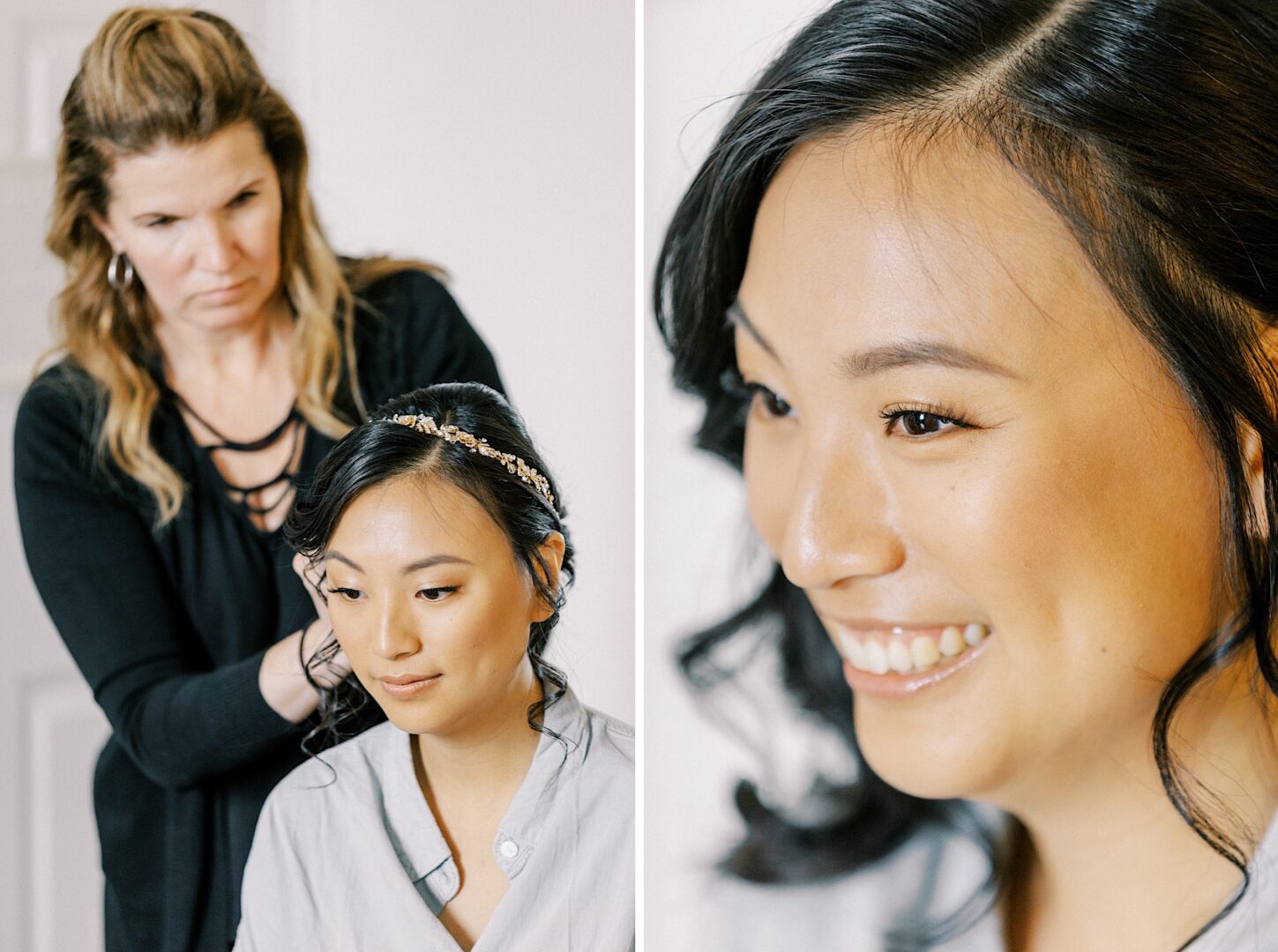 Bride getting her hair styled by Capelli & Trucco at the Ritz-Carlton on her classic wedding day