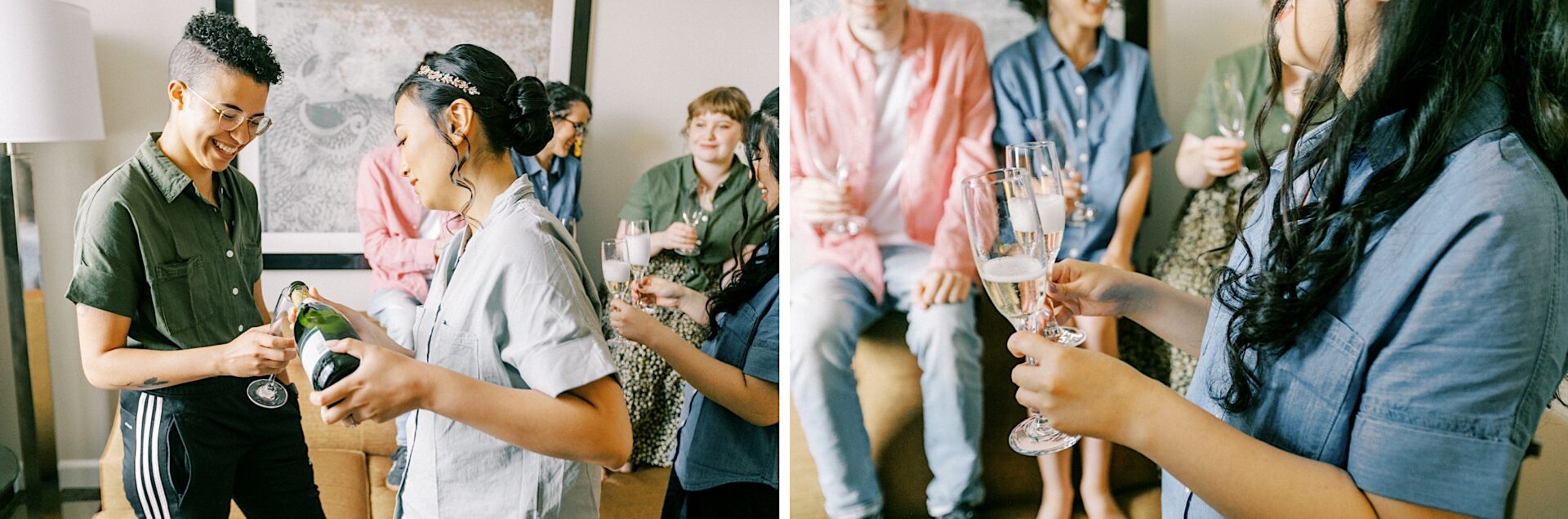 Bride pouring champagne on her modern Philadelphia wedding day by Two17 Photo & Cinema