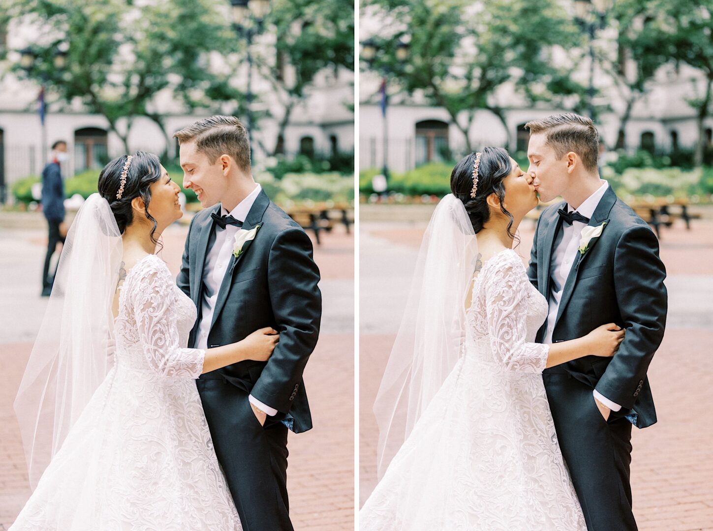 Bride and Groom kissing in a metropolitan courtyard space in Philadelphia by Two17 Photo & Cinema