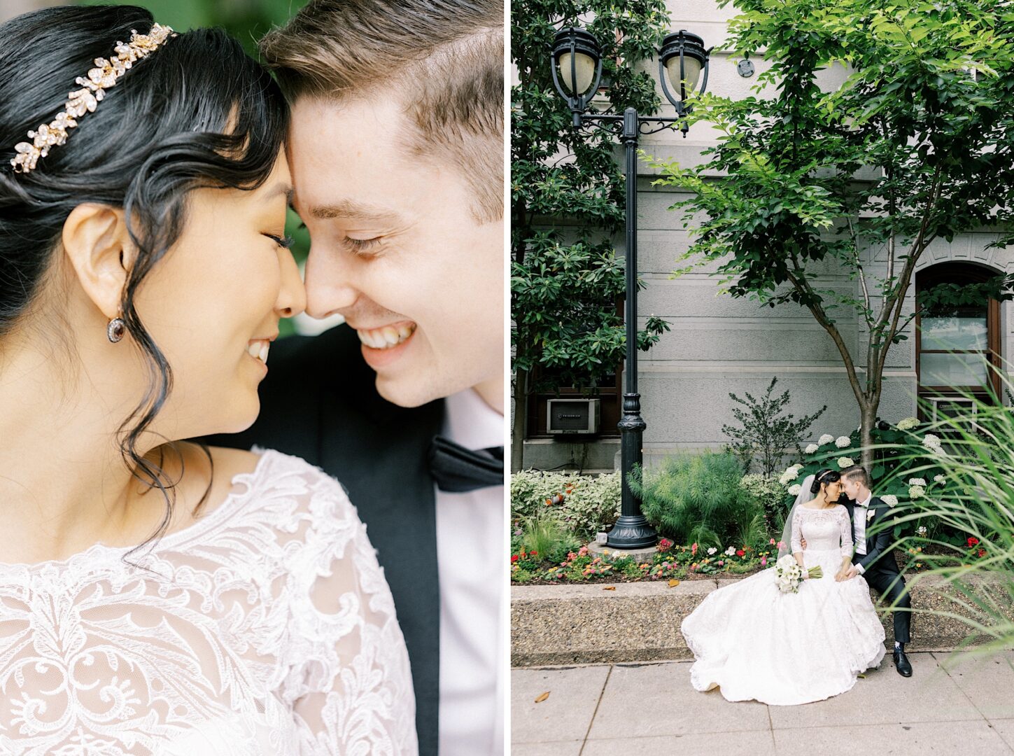 Bride and Groom cuddling in an open garden space at City Hall in Philadelphia by Two17 Photo & Cinema