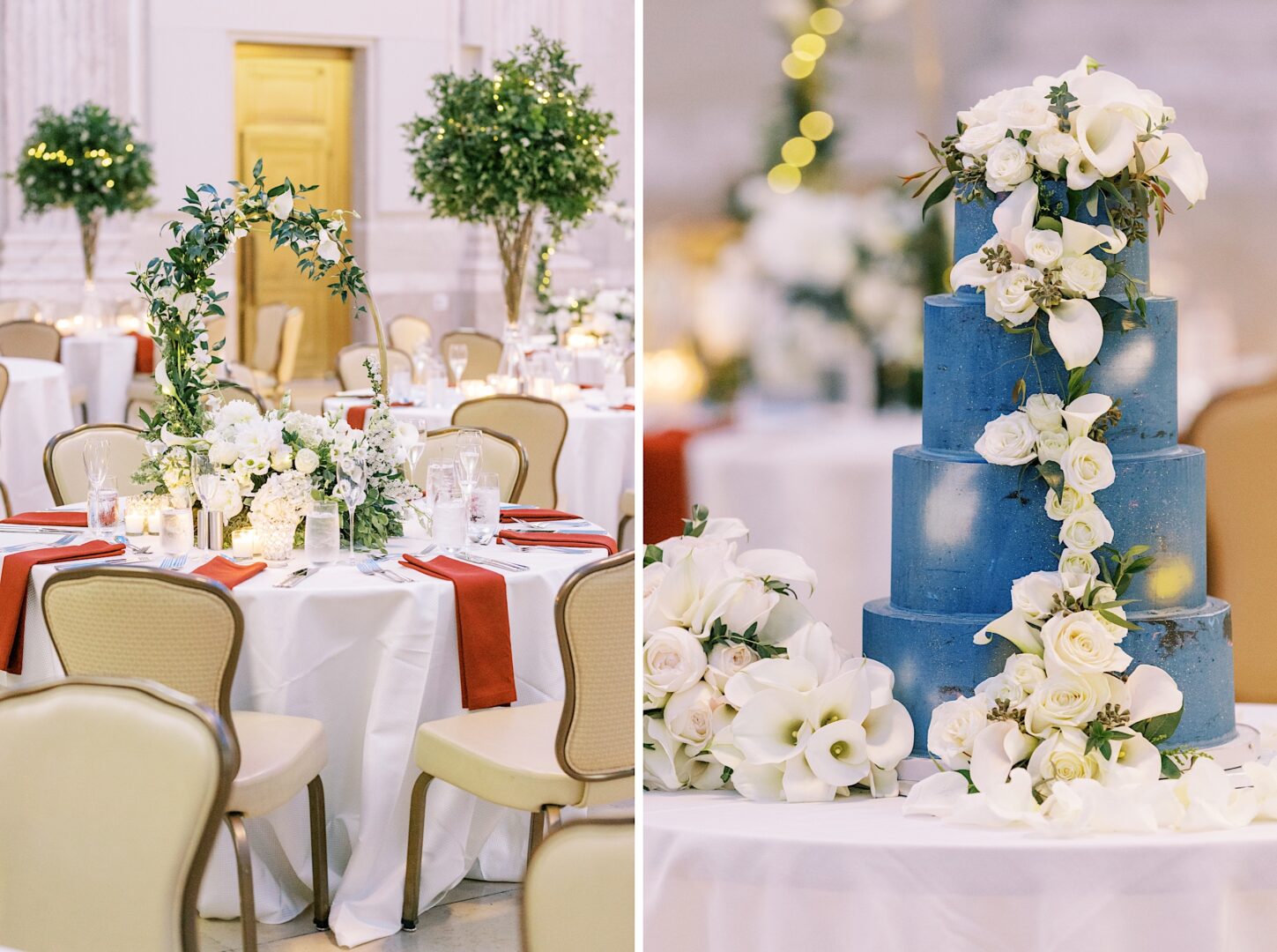 A wedding cake from The Whipped Bake Shop and floral stylings from Arrangements Unlimited at a Philadelphia wedding