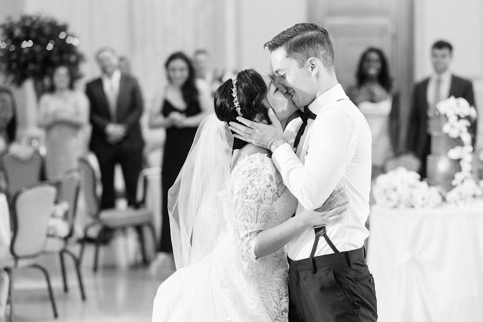 Bride and Groom kissing during their first dance at the Franklin Institute in Philadelphia