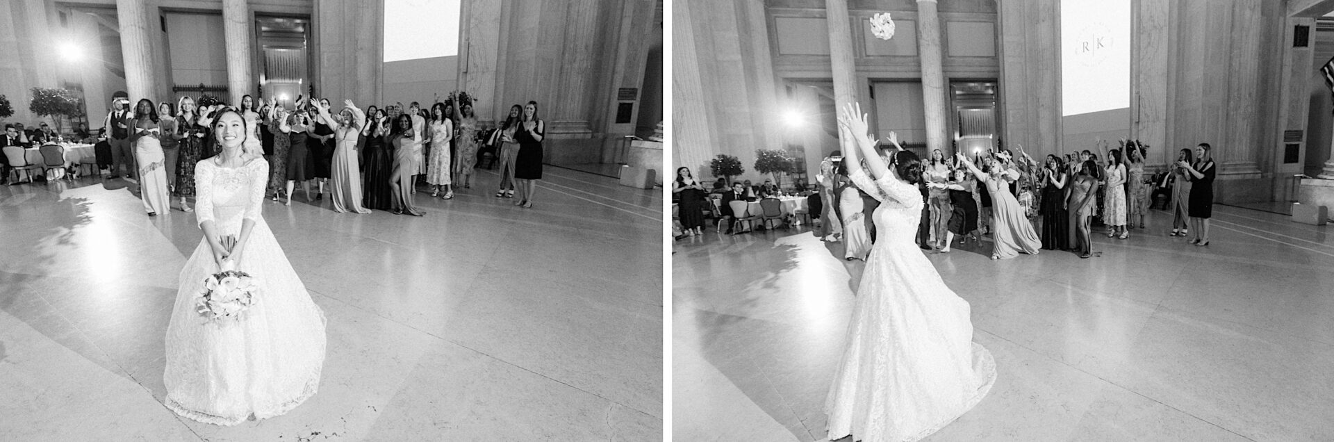 Bride tossing her bridal bouquet at a metropolitan wedding in Philadelphia