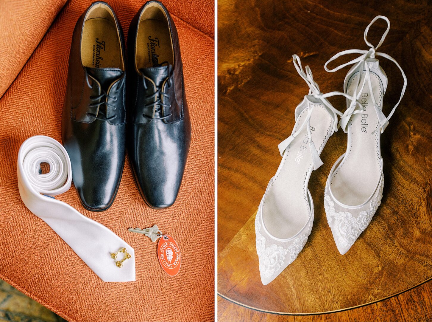 Getting ready details of the groom's shoes and bride's shoes on a bright spring wedding day by Philadelphia photographer Two17 Photo & Cinema