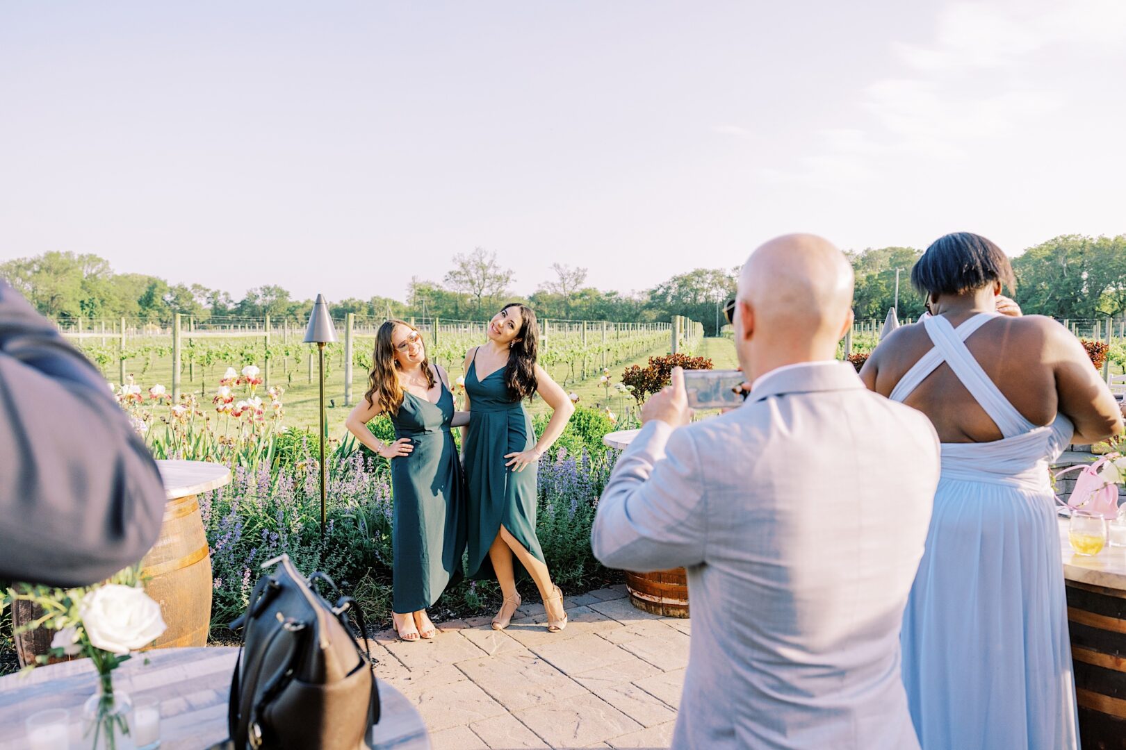 Wedding guests posing for a photo at a vineyard wedding in Cape May