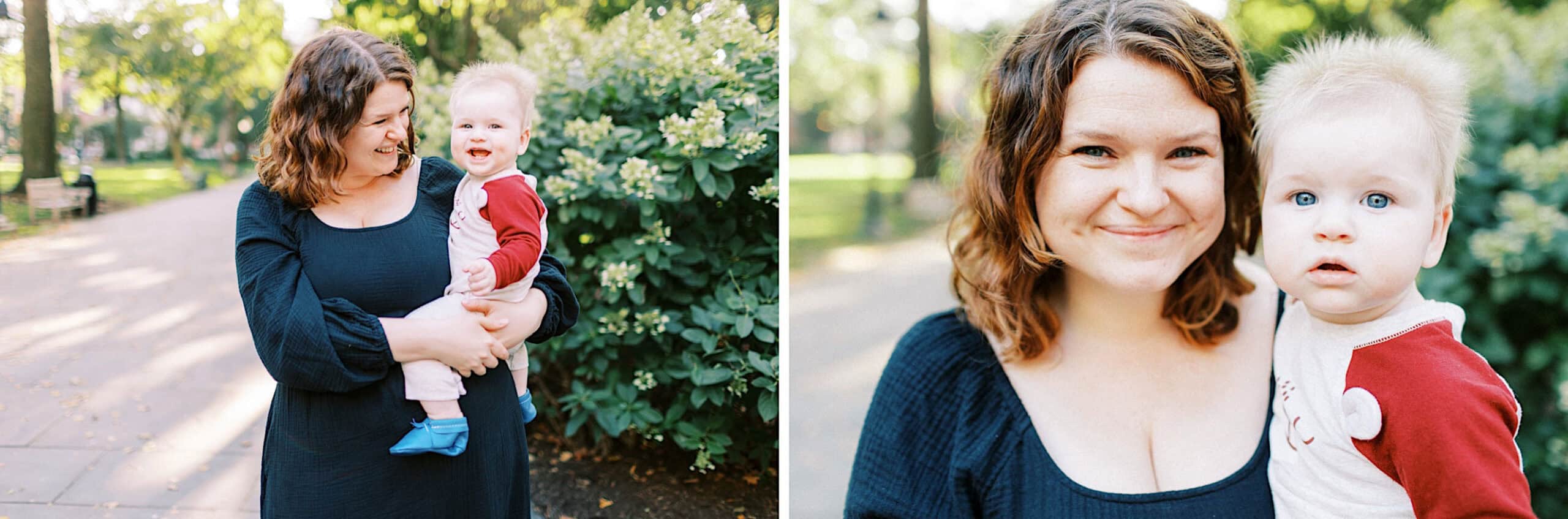 A woman with wavy brown hair holds a smiling baby in a red and white outfit near green bushes in bright daylight, capturing sweet family photos at Washington Square in Philadelphia.