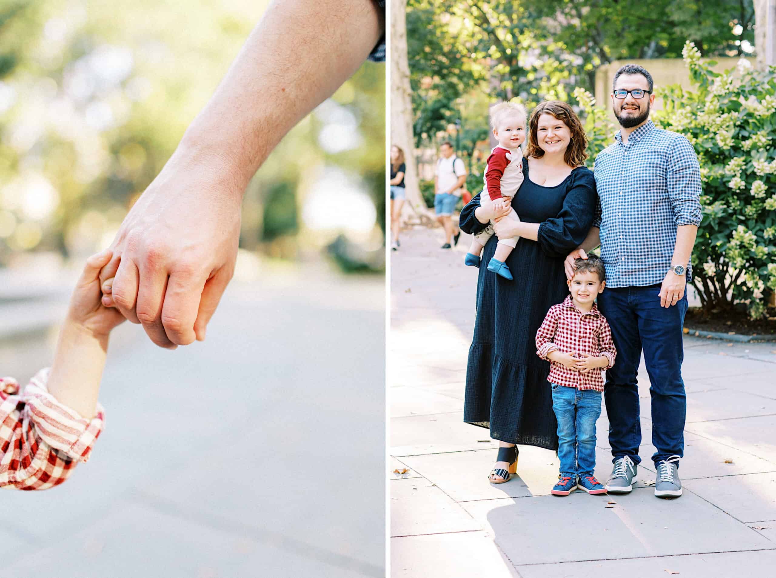 Left: Close-up of an adult and child holding hands. Right: A family of four poses outdoors on a sidewalk surrounded by greenery, capturing family photos at Washington Square in Philadelphia.