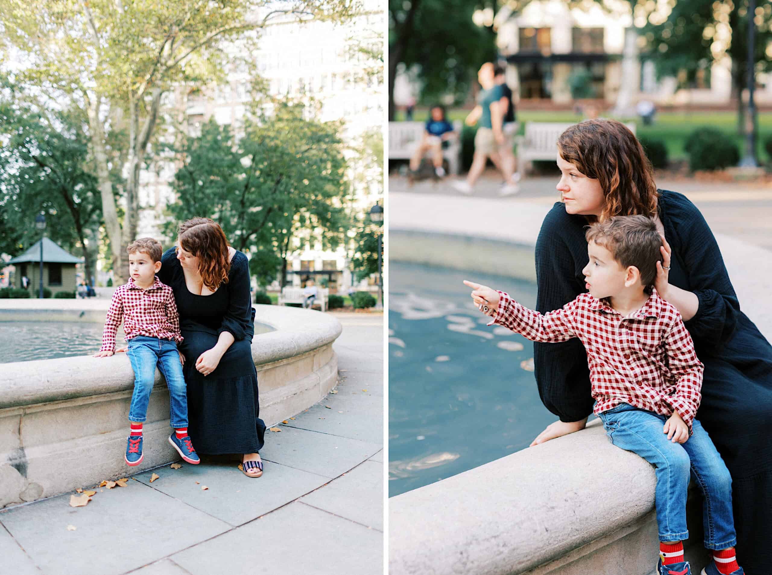 A woman and a young boy sit together on the edge of a fountain in Washington Square in Philadelphia; the boy points at something while his mother looks on, creating a candid moment perfect for family photos.