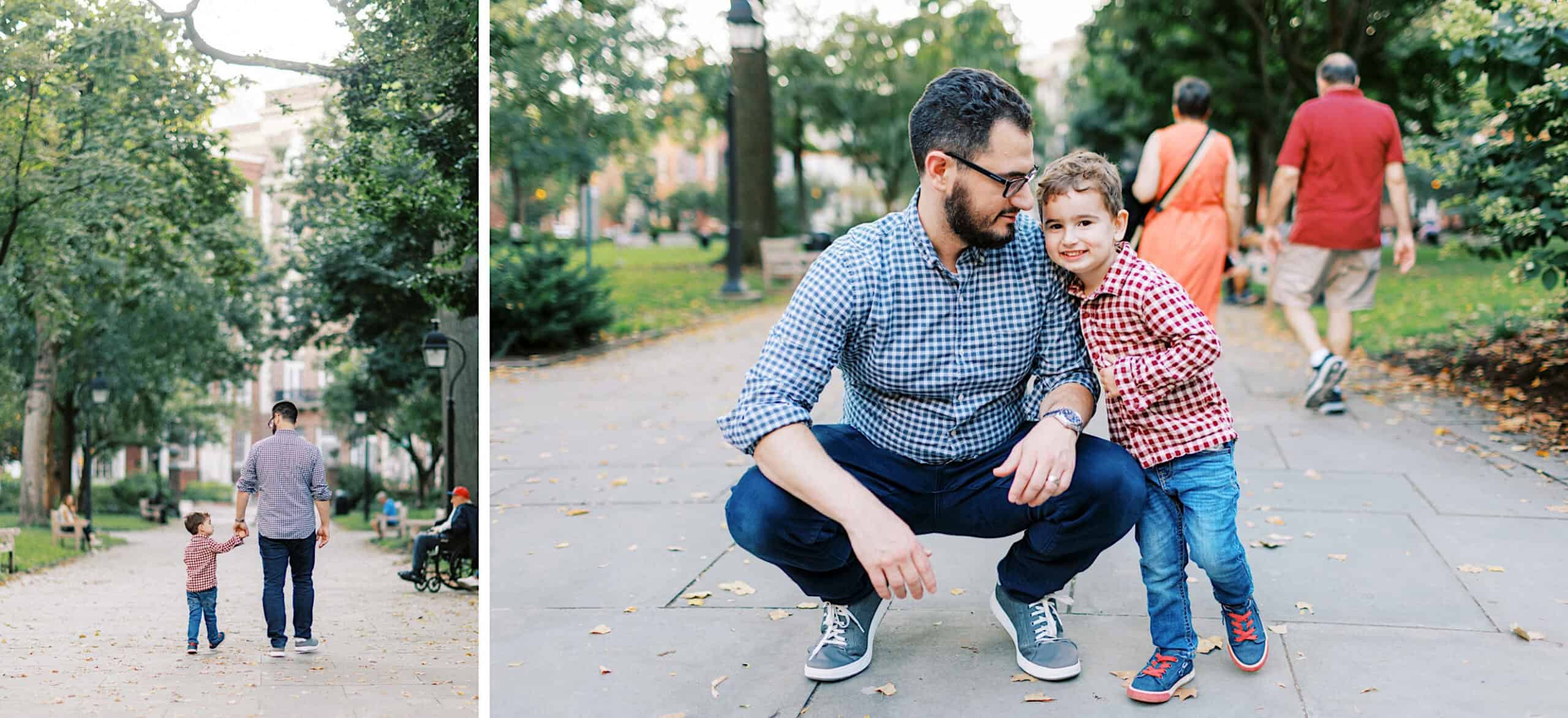 A man and a young boy walk together in a park; in a close-up, the man squats and smiles beside the boy, who is leaning in and grinning. It’s one of many cherished family photos at Washington Square in Philadelphia, with others visible behind them.