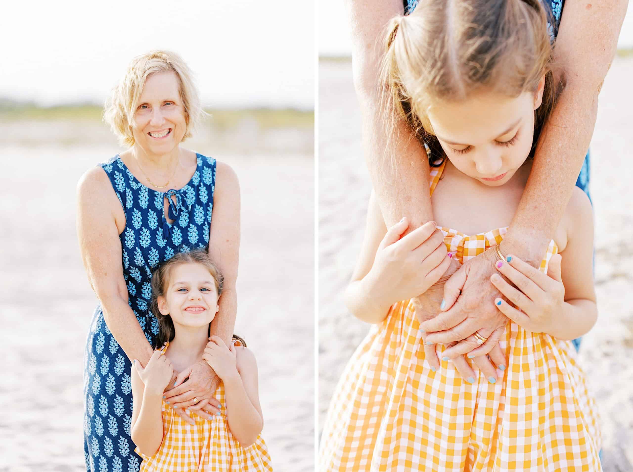 A woman in a blue patterned dress stands behind a young girl in a yellow checkered dress, holding her hands on Cape May Beach in New Jersey; both smile in one photo and look down in the other—perfect family photos to cherish.