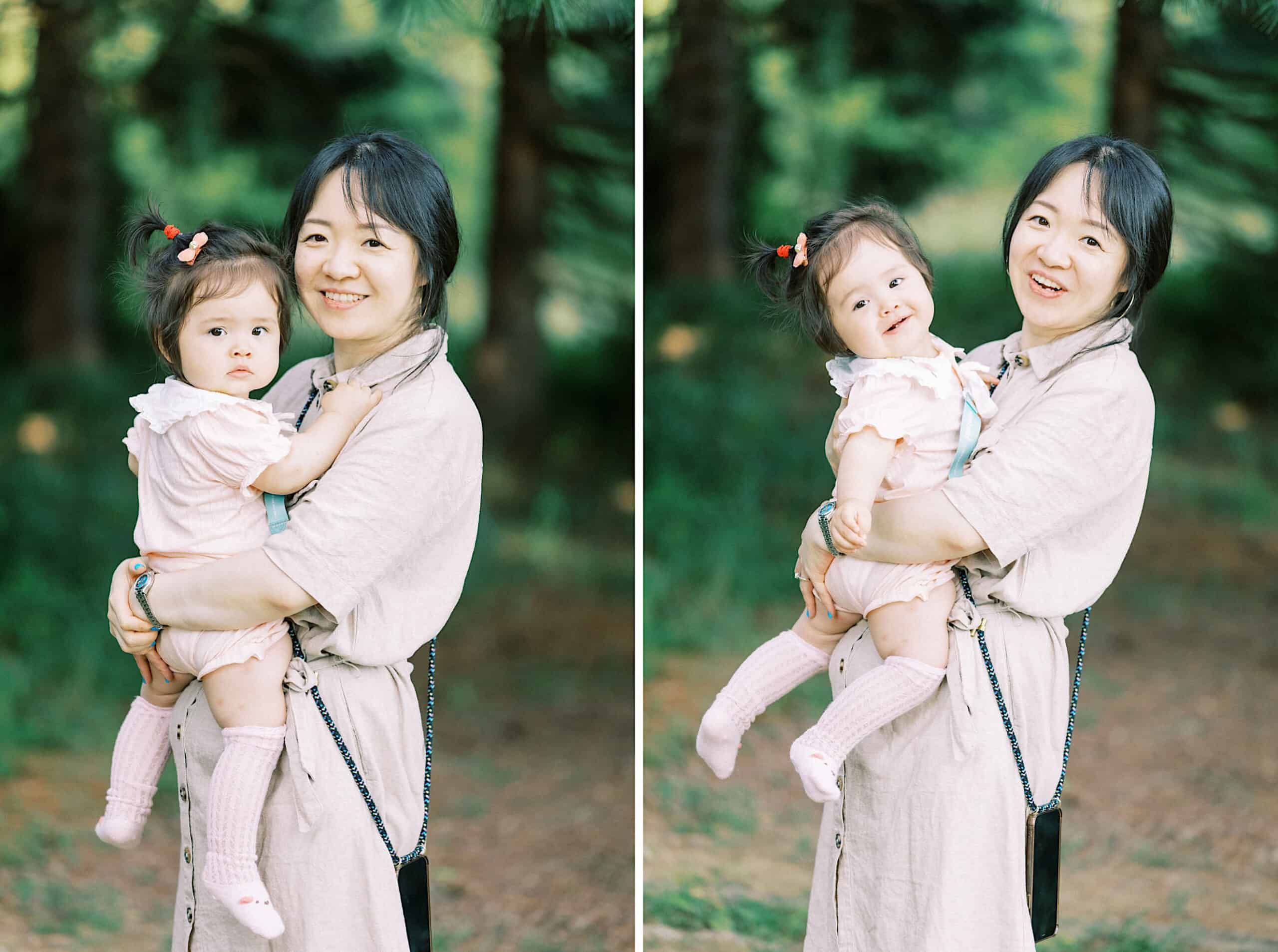 A woman holds a young child while standing outdoors; both look at the camera in the first image and smile in the second, capturing a warm moment perfect for maternity and extended family photos.