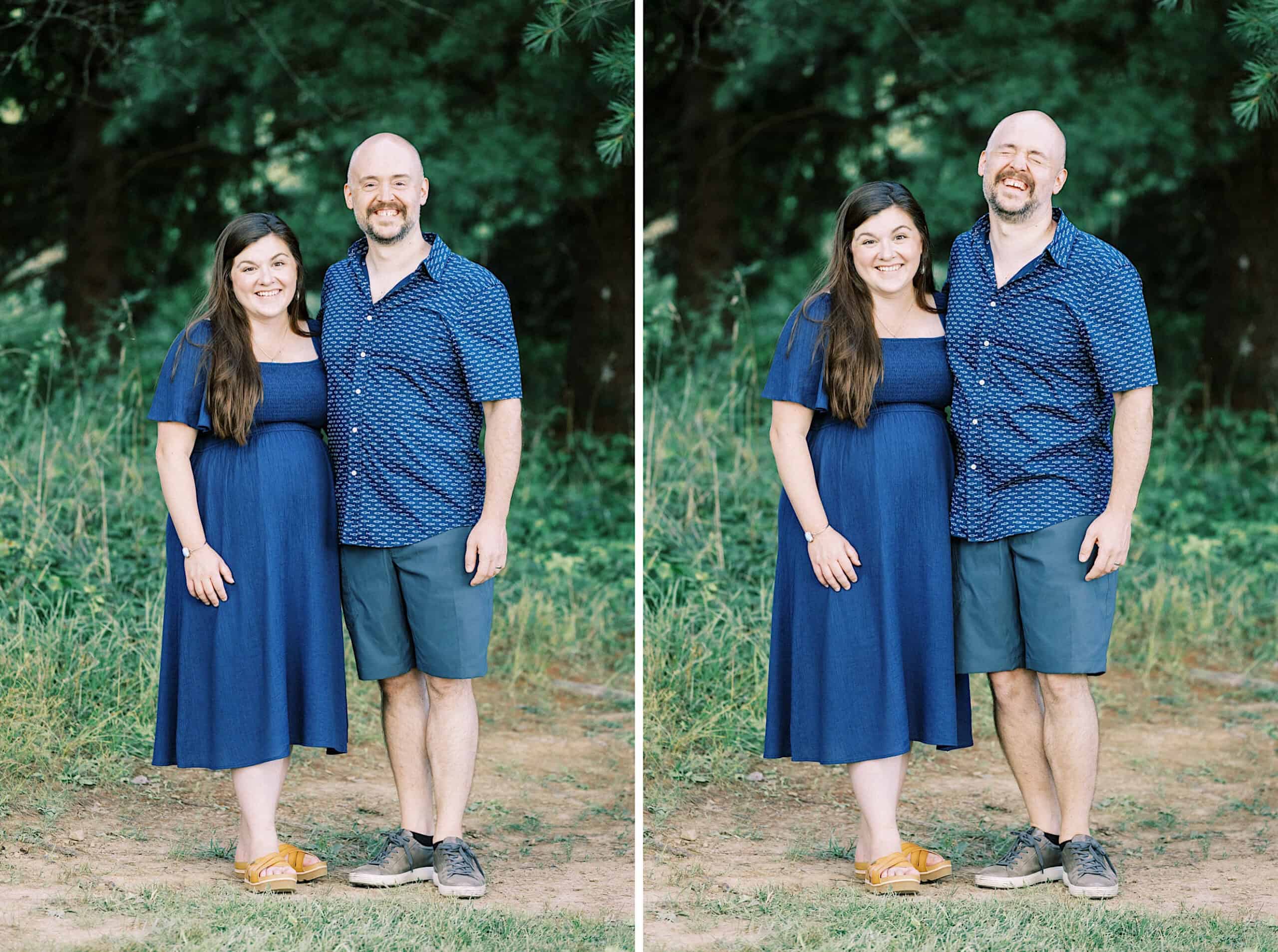 A woman and a man stand side by side outdoors, both smiling in blue outfits. Captured among green foliage, these two nearly identical photos are perfect for maternity or extended family photos.