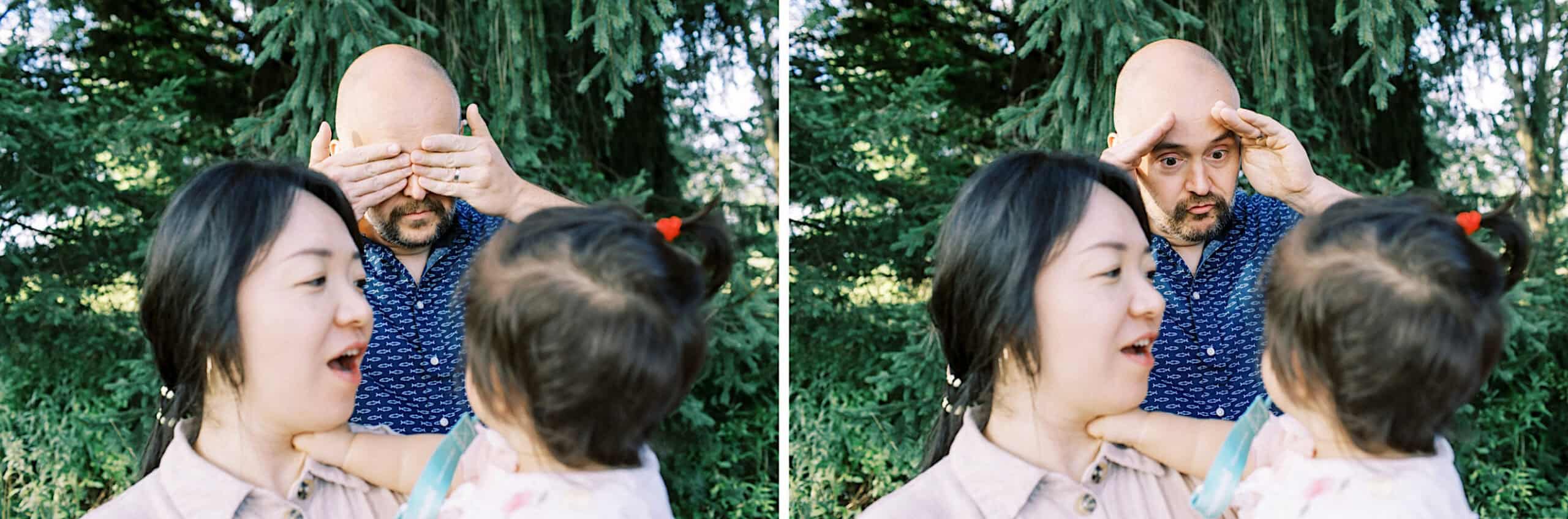 Two side-by-side photos show a man playing peekaboo behind a woman holding a young child outdoors, with trees in the background—a joyful moment perfect for maternity and extended family photos.
