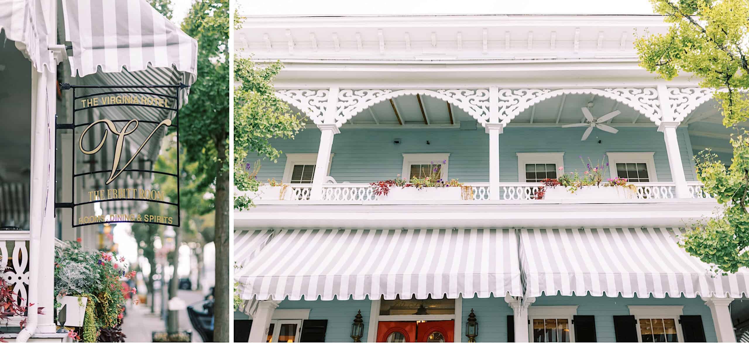 Wrought iron sign and striped awning outside The Virginia Hotel, a light blue two-story building with a white balcony and decorative trim—an inviting setting for a Cape May wedding at the Virginia Hotel.