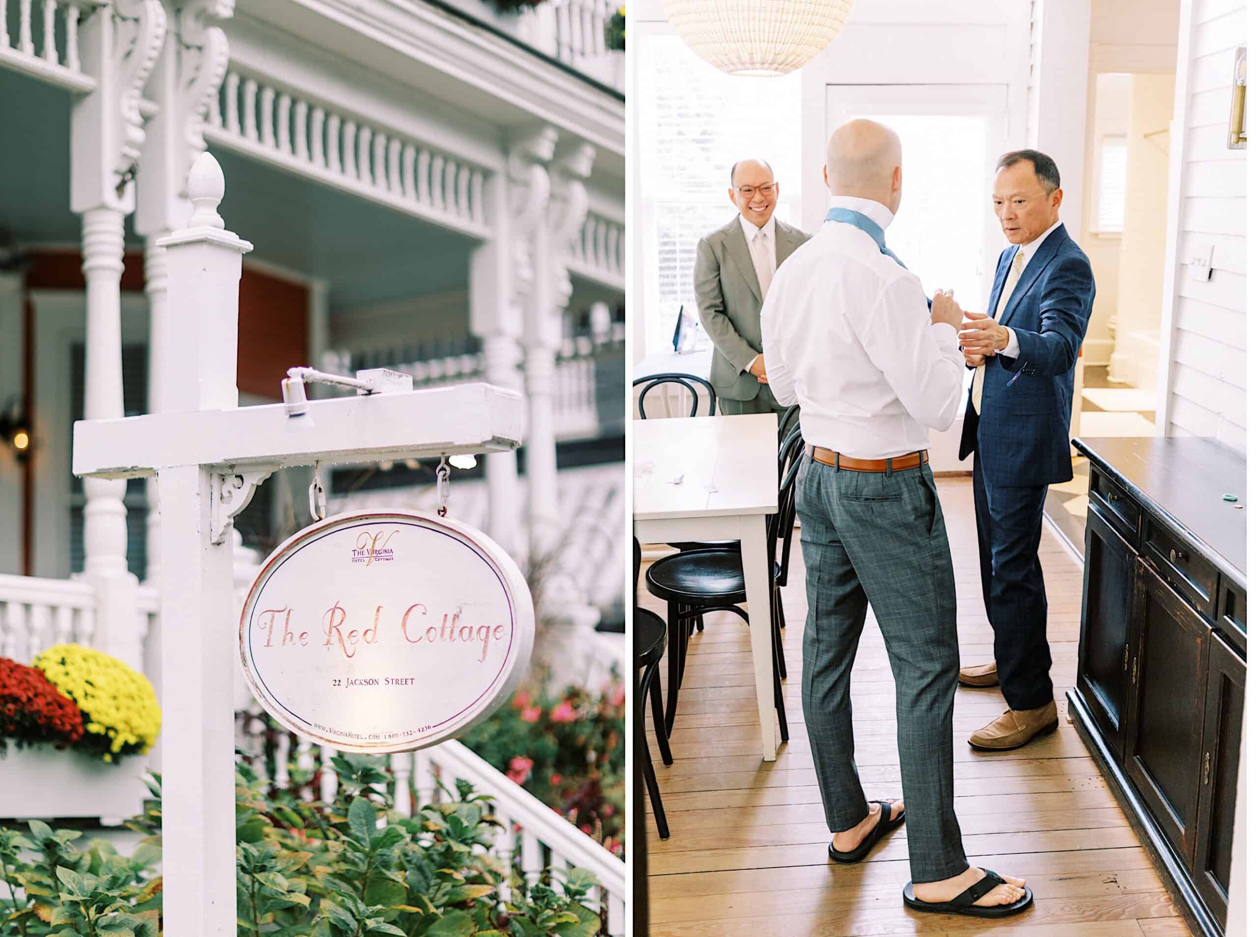 A sign for The Red Cottage on Jackson Street is shown outside; inside, three men in dress shirts and blazers converse in a bright, airy room, reminiscent of a Cape May wedding at the Virginia Hotel.