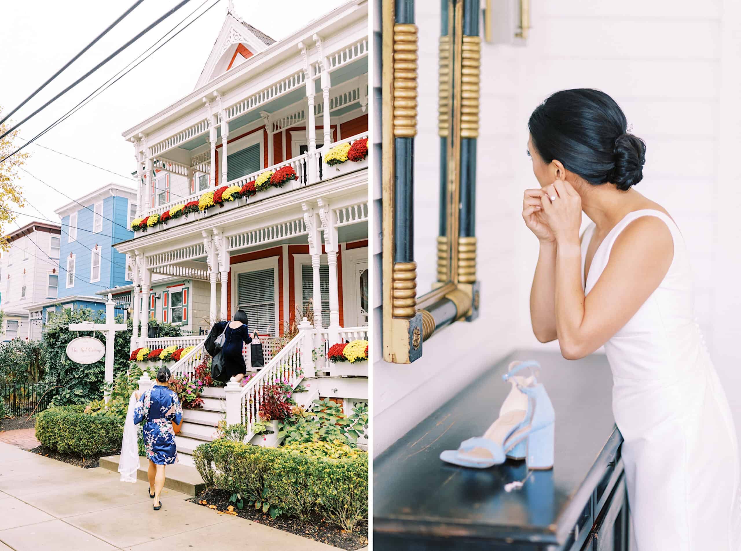 A bride at her Cape May wedding at the Virginia Hotel walks toward a house with a woman in front, then puts on earrings indoors beside blue high-heeled shoes on a table.