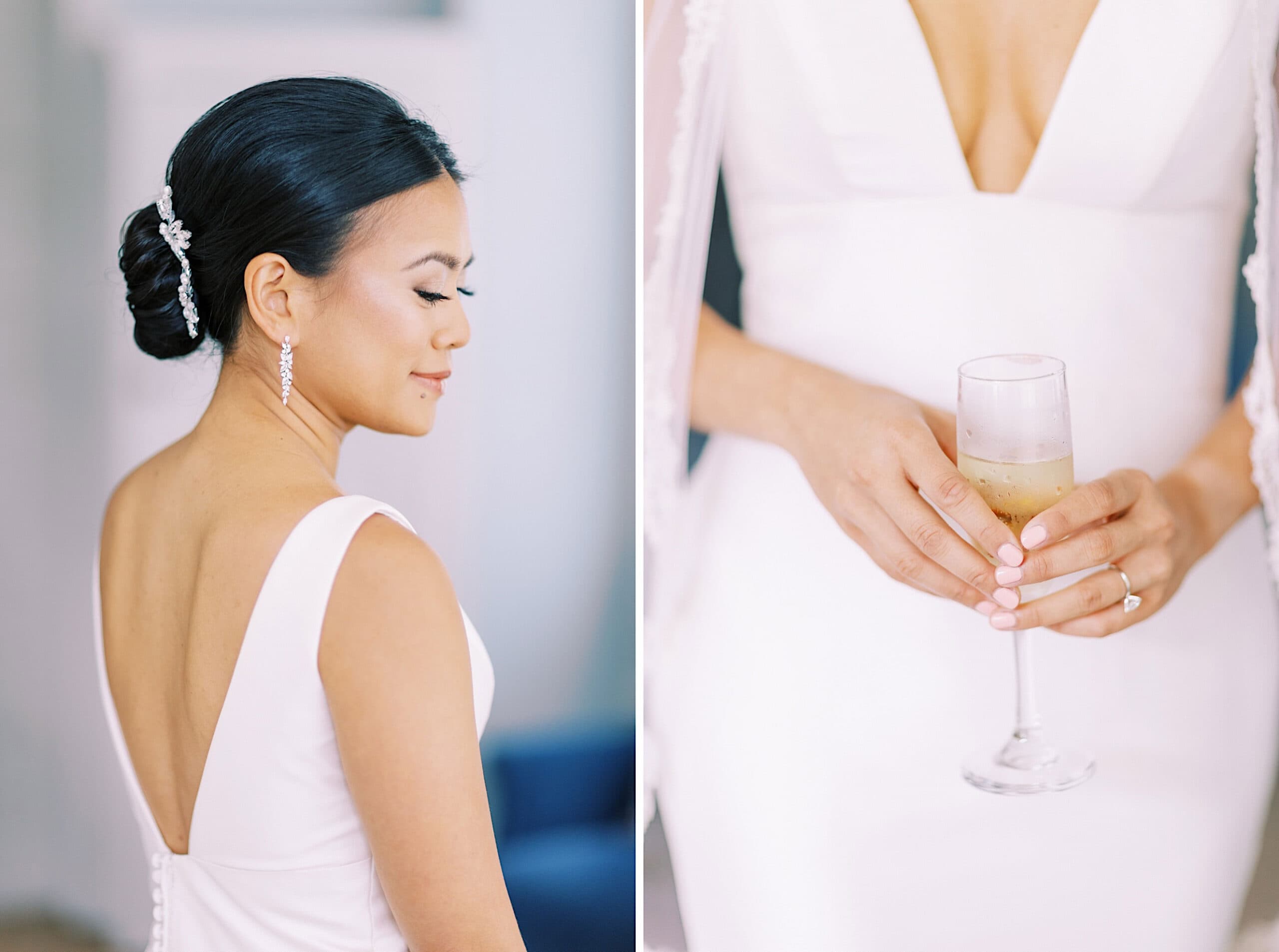 A woman in a white dress with an elegant updo stands in profile at a Cape May wedding at the Virginia Hotel; beside her, a close-up of her holding champagne highlights her ring and manicured nails.