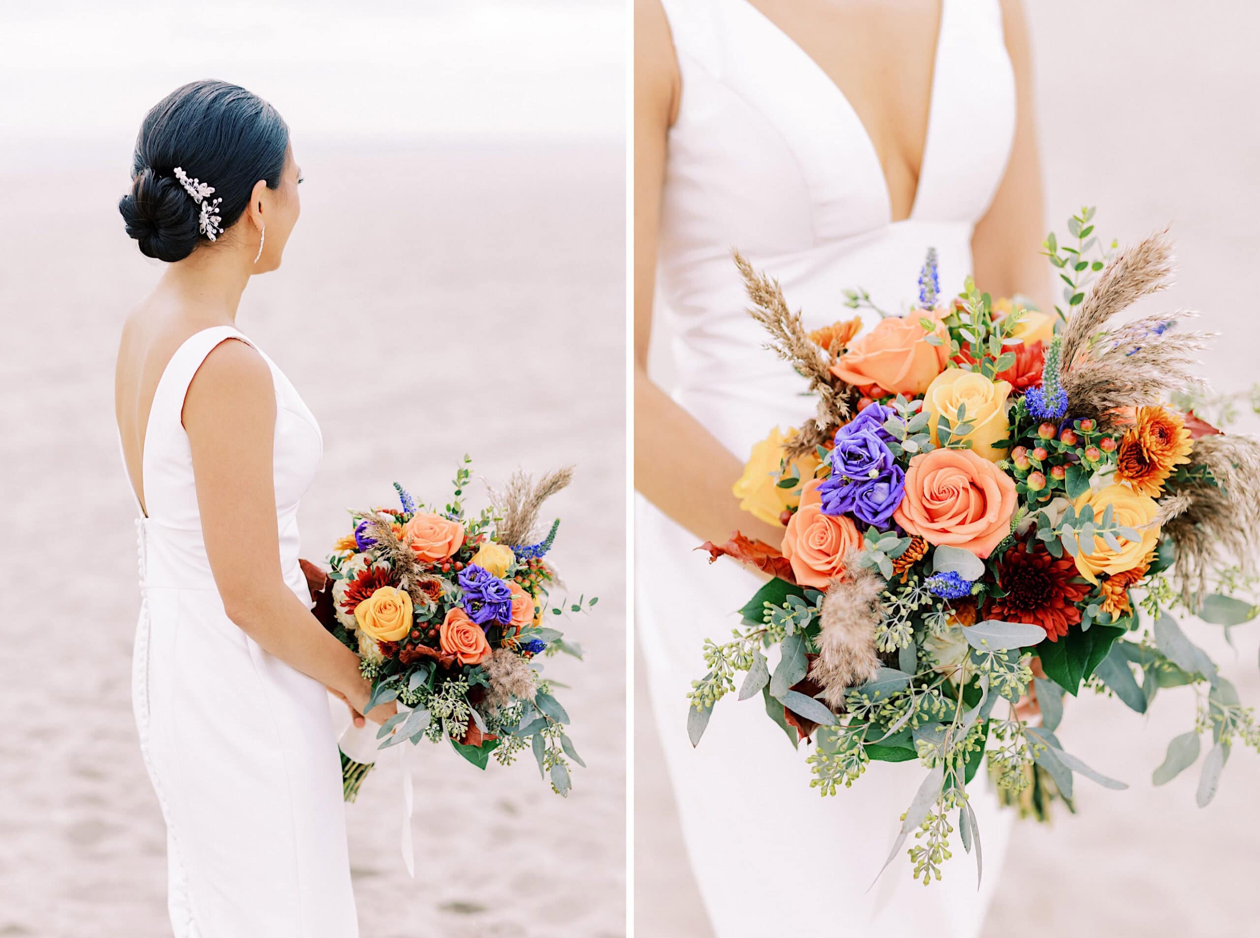 A woman in a white dress holding a bouquet of flowers, ready for her Cape May wedding at the Virginia Hotel.