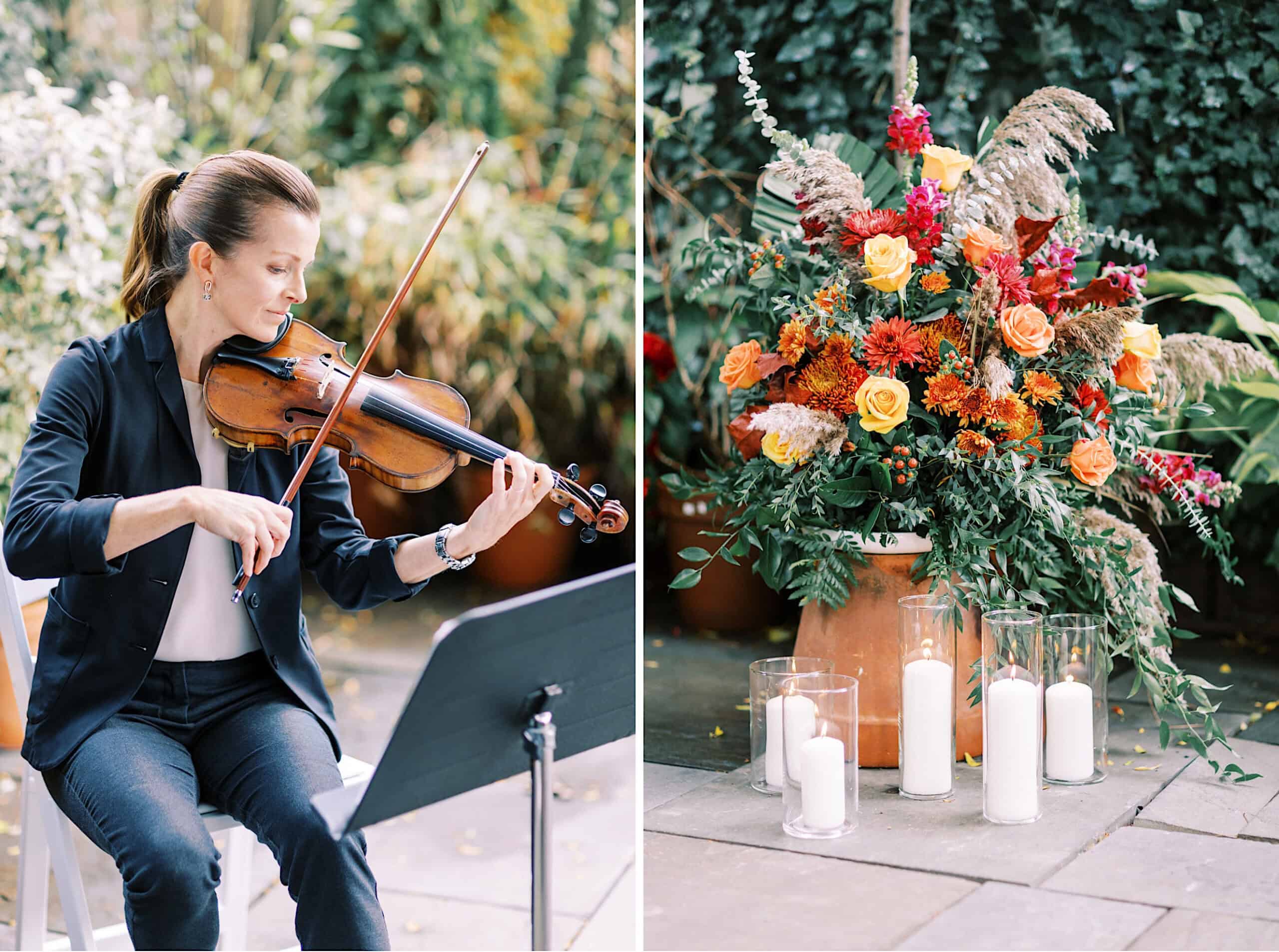 At a Cape May wedding at the Virginia Hotel, a woman plays the violin outdoors next to a music stand, with a large floral arrangement and several pillar candles in glass holders beside her.