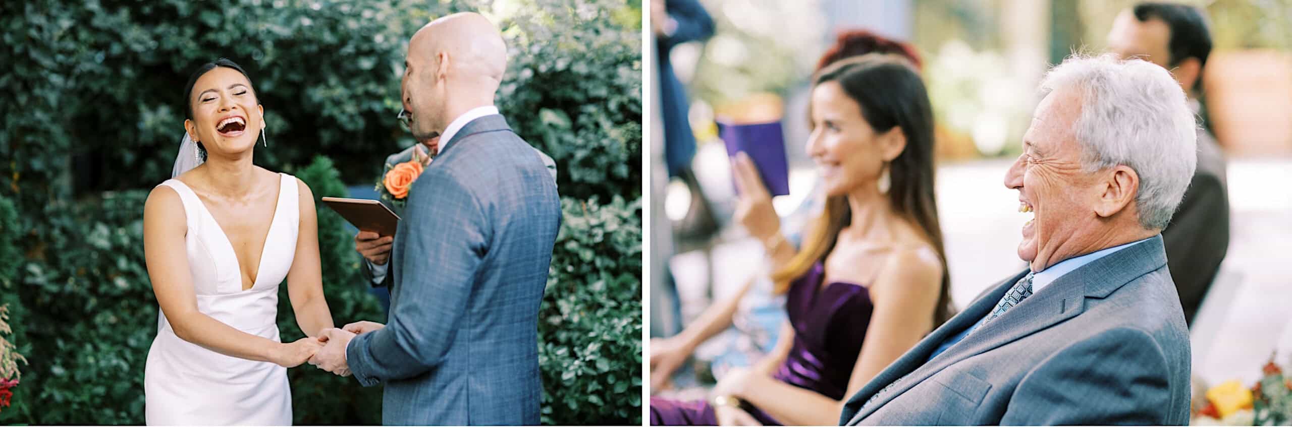 A bride laughs while holding hands with the groom during their Cape May wedding at the Virginia Hotel; guests smile and laugh in the audience.