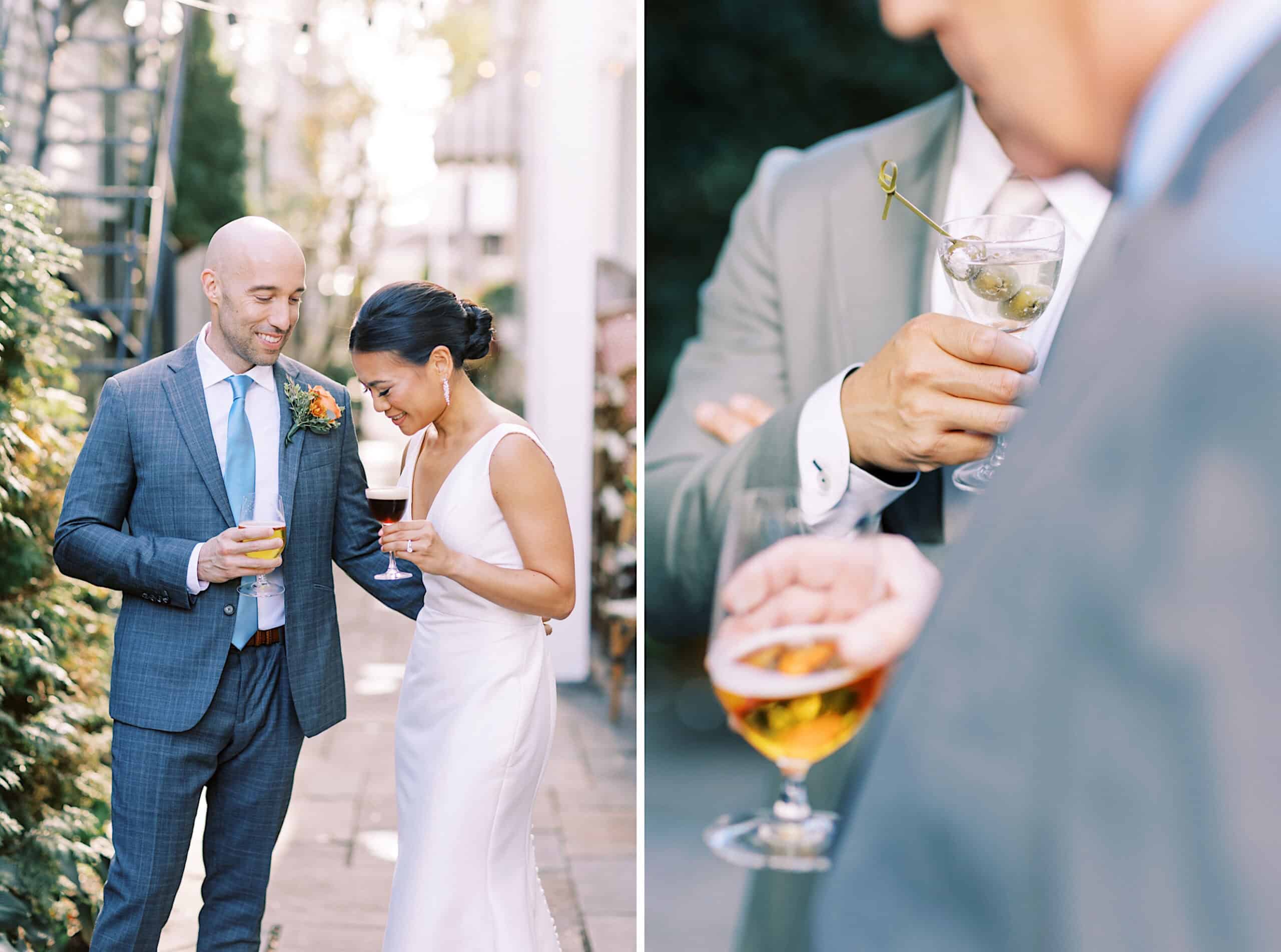 A bride and groom share a light moment outdoors with drinks in hand during their Cape May wedding at the Virginia Hotel; a close-up shows a man in a suit holding a drink garnished with olives.