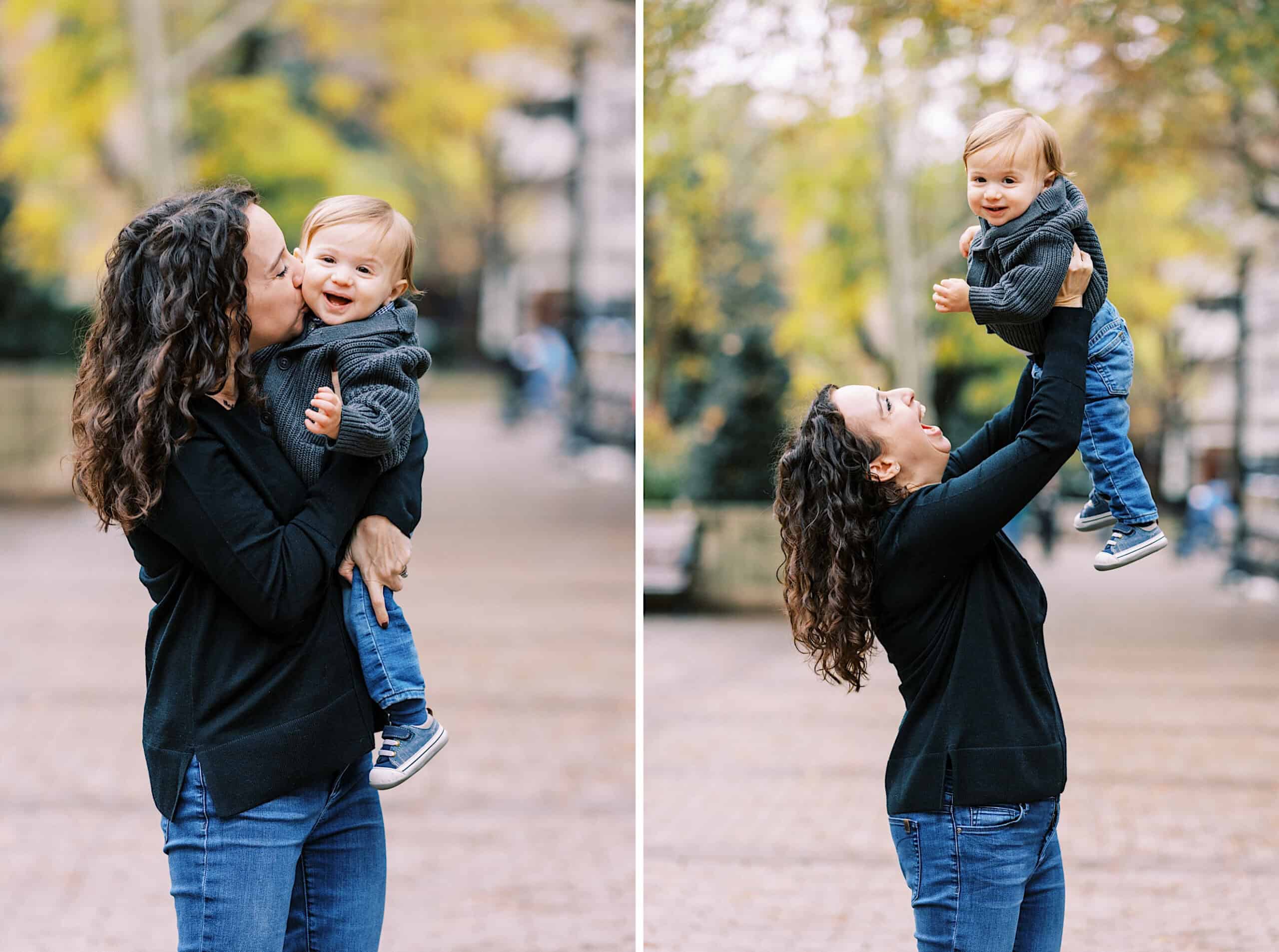 A woman with curly hair holds and plays with a smiling toddler outdoors during Fall Family Photos in Rittenhouse Square; in one photo she kisses the child, in the other, she lifts him up.