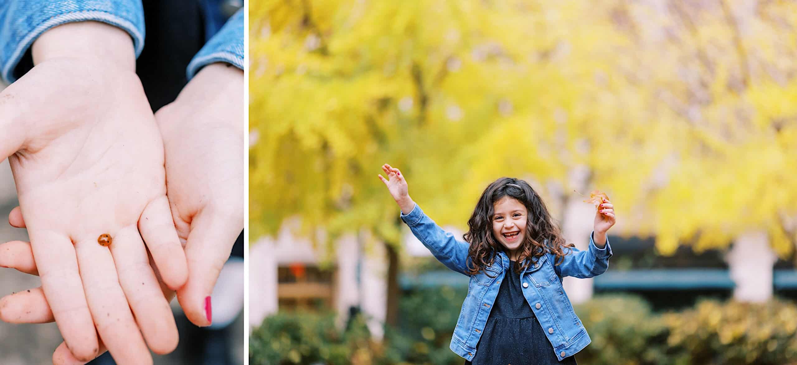 Close-up of hands holding a ladybug on the left; on the right, a smiling child in a denim jacket raises arms in front of yellow-leaved trees, capturing the joy of Fall Family Photos in Rittenhouse Square.