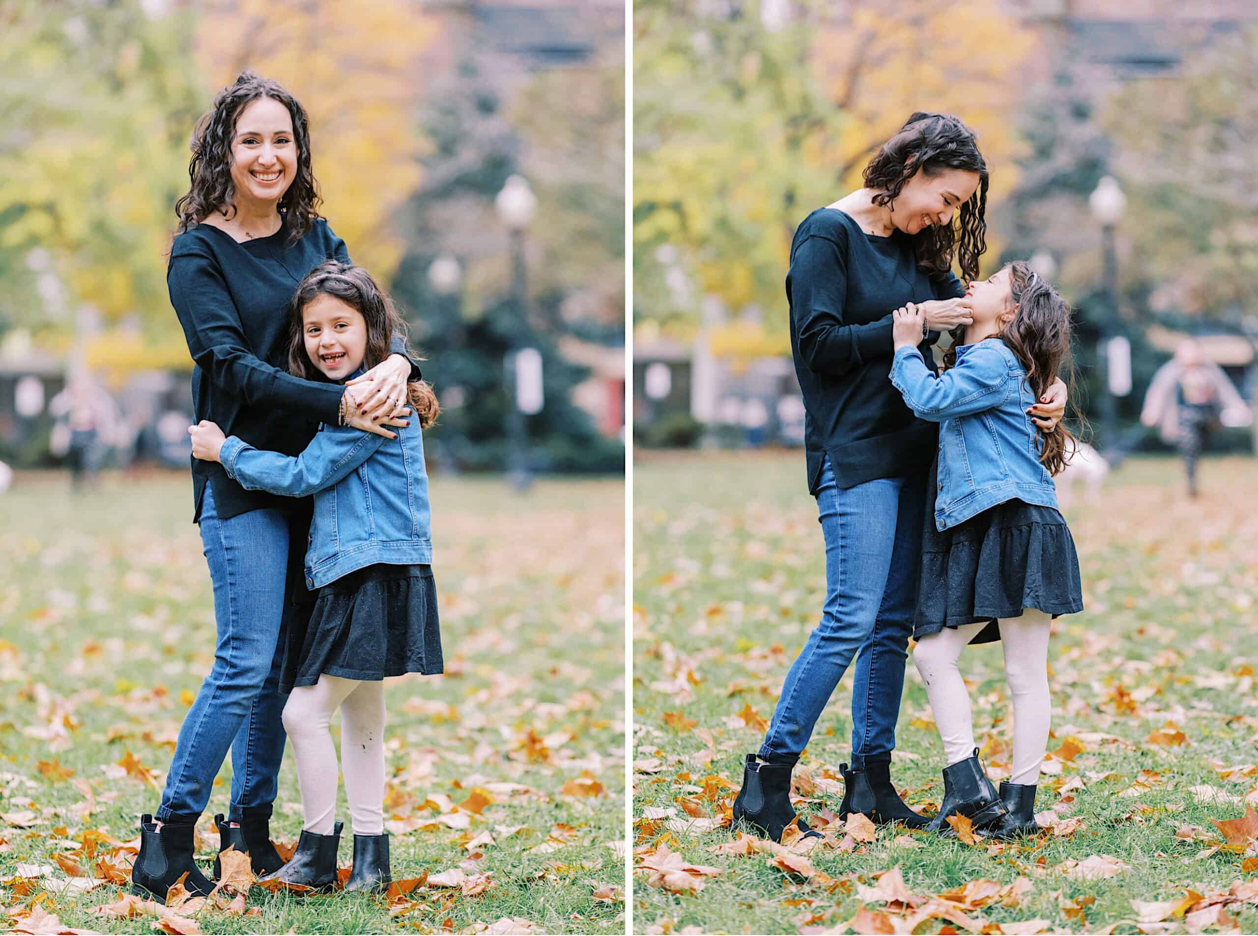 Two images show a woman and a young girl standing on grass in Rittenhouse Square, hugging and smiling at each other amid autumn leaves—perfect moments for Fall Family Photos.