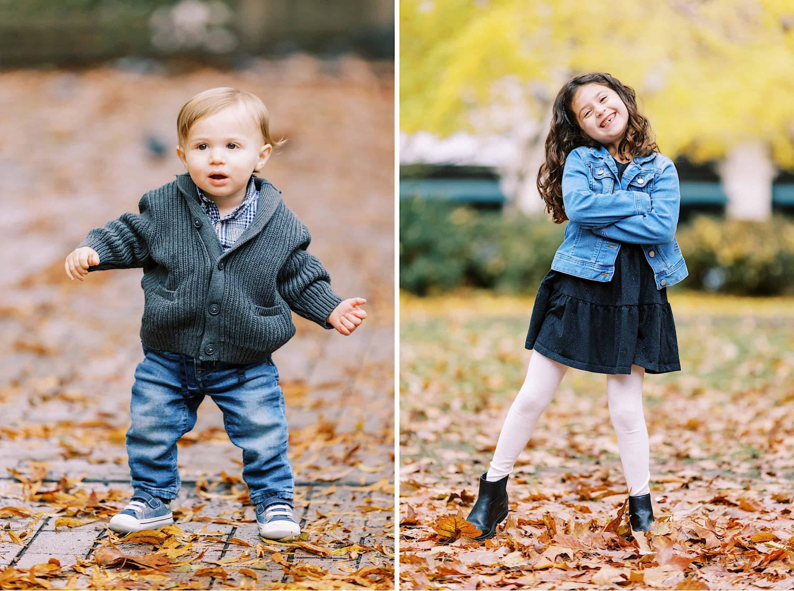Two photos side by side: On the left, a young toddler boy stands on fallen leaves; on the right, a smiling girl poses outdoors in a black dress and denim jacket—perfect moments from Fall Family Photos in Rittenhouse Square.