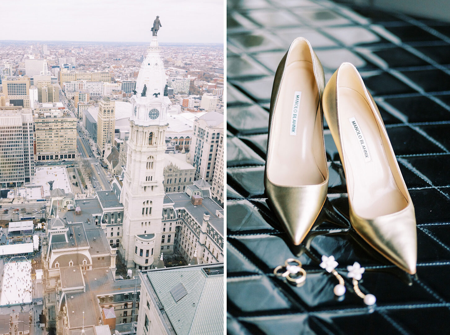 Left: Aerial view of a cityscape featuring Philadelphia's tall building with a clock tower. Right: A pair of gold high-heeled shoes and some jewelry displayed on a shiny black surface, perfect for a New Year's Eve wedding.