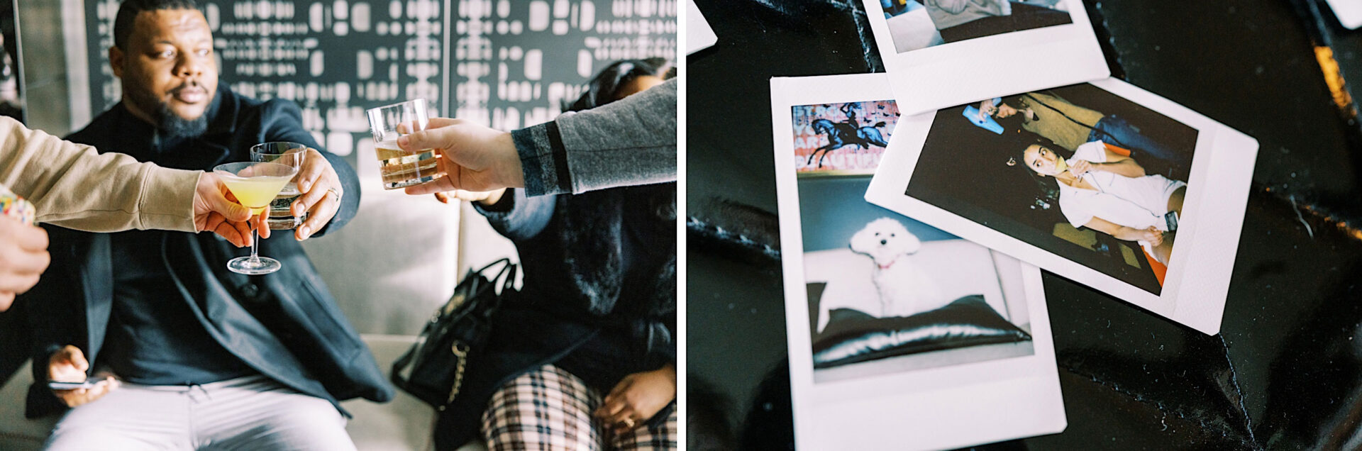A group of people clink glasses in a toast on the left side, celebrating New Year's Eve, while on the right, three instant photos are spread out on a table, one showing a dog and another depicting a person.
