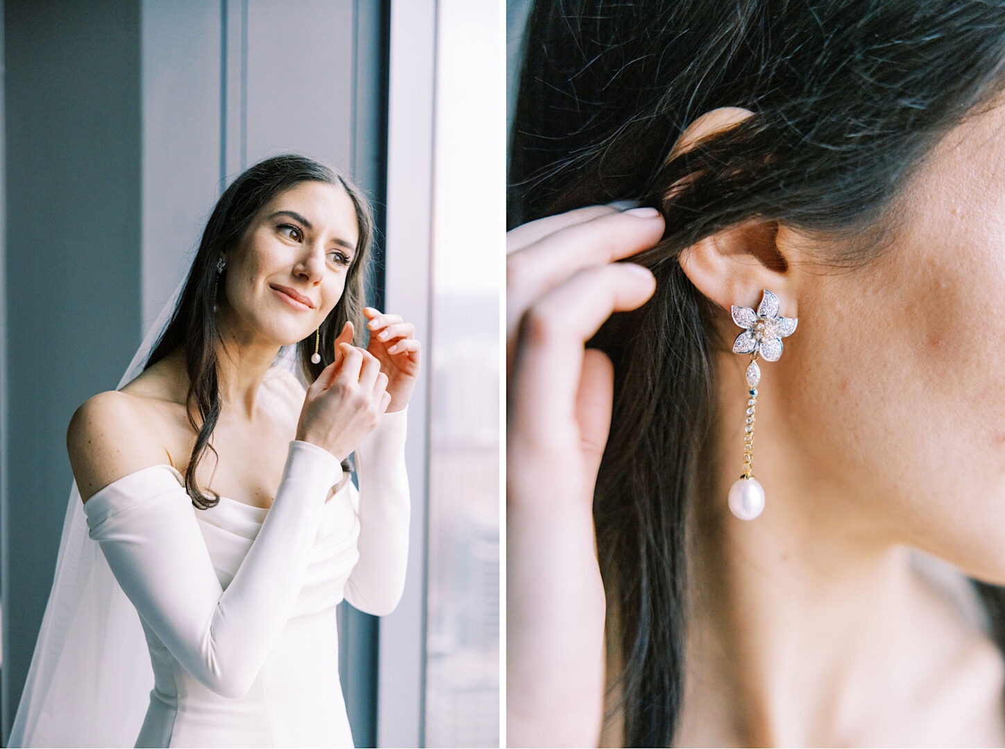 A woman in a white off-shoulder dress adjusts her earring inside the Kimmel Center in Philadelphia. The close-up shows a floral earring with a dangling pearl as she stands next to a large window, looking radiant as if preparing for a wedding.